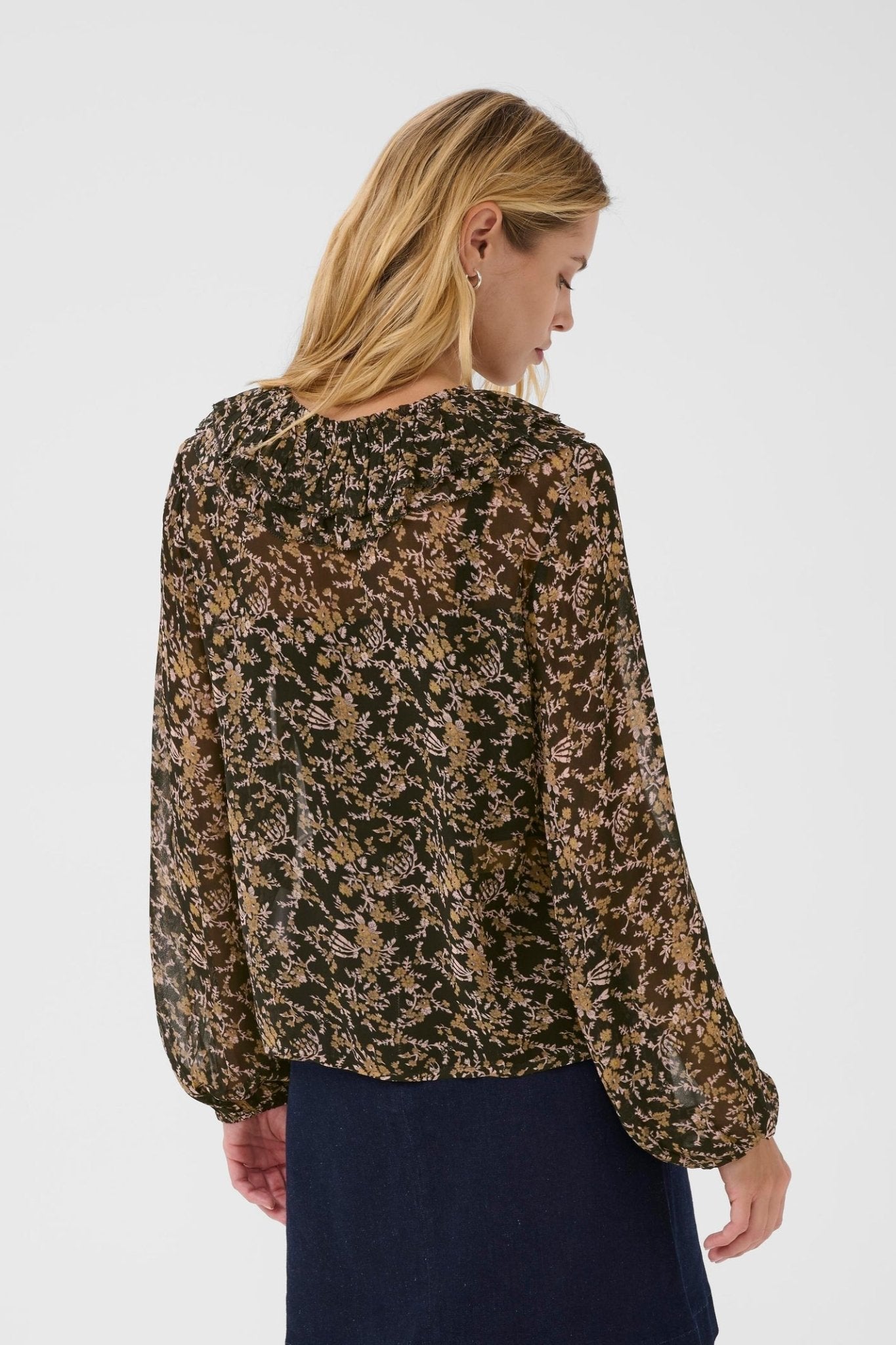 Part Two SanazPW black flower bouquet print sheer blouse with ruffle collar and buttons – Dotique

