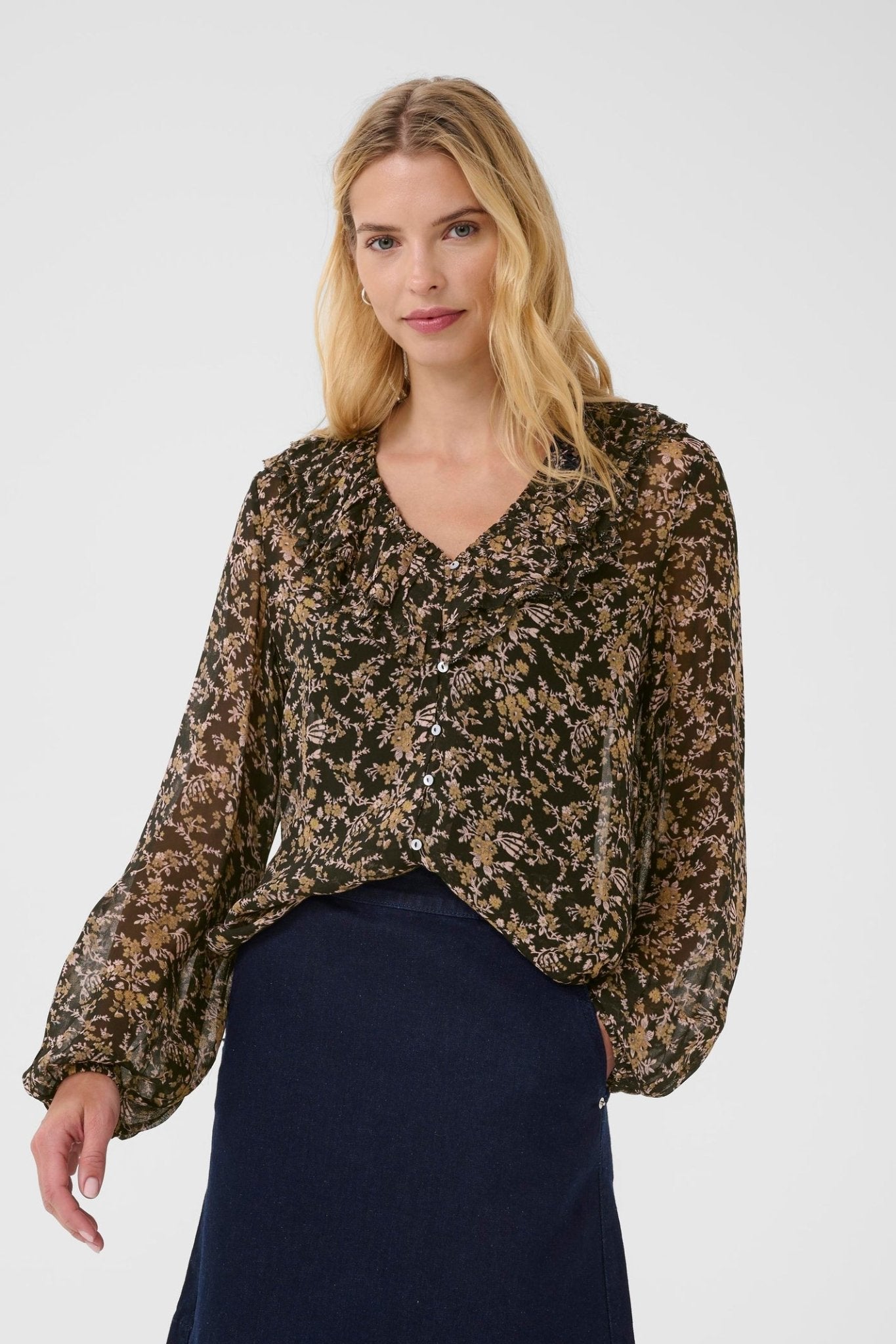 Part Two SanazPW black flower bouquet print sheer blouse with ruffle collar and buttons – Dotique

