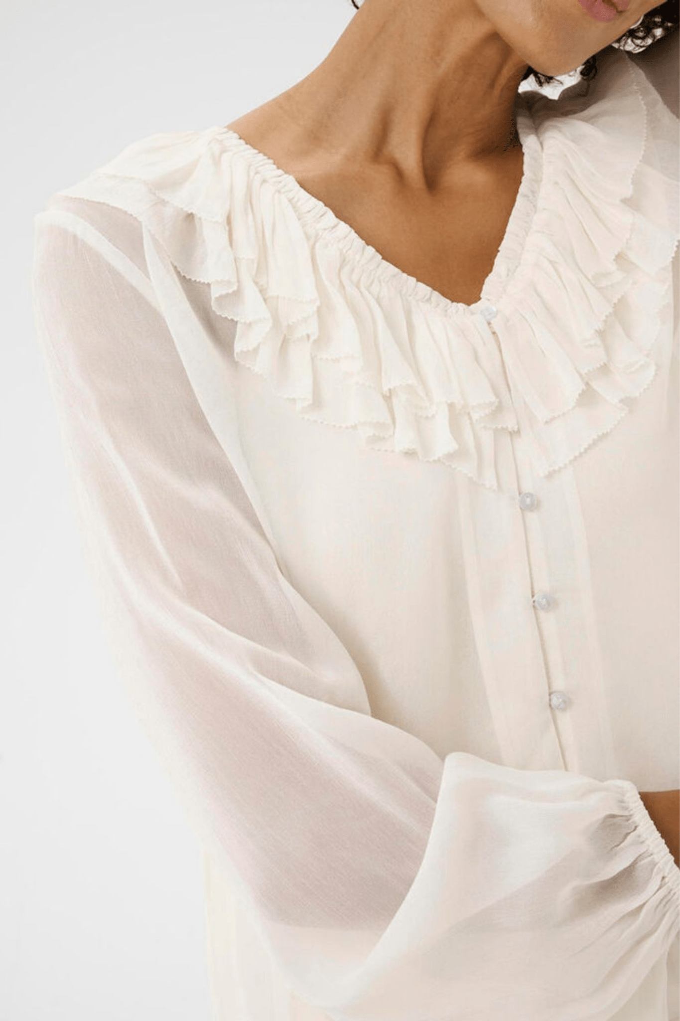 Part Two SanazPW eggnog blouse with ruffle v-neckline and button front, available at Dotique

