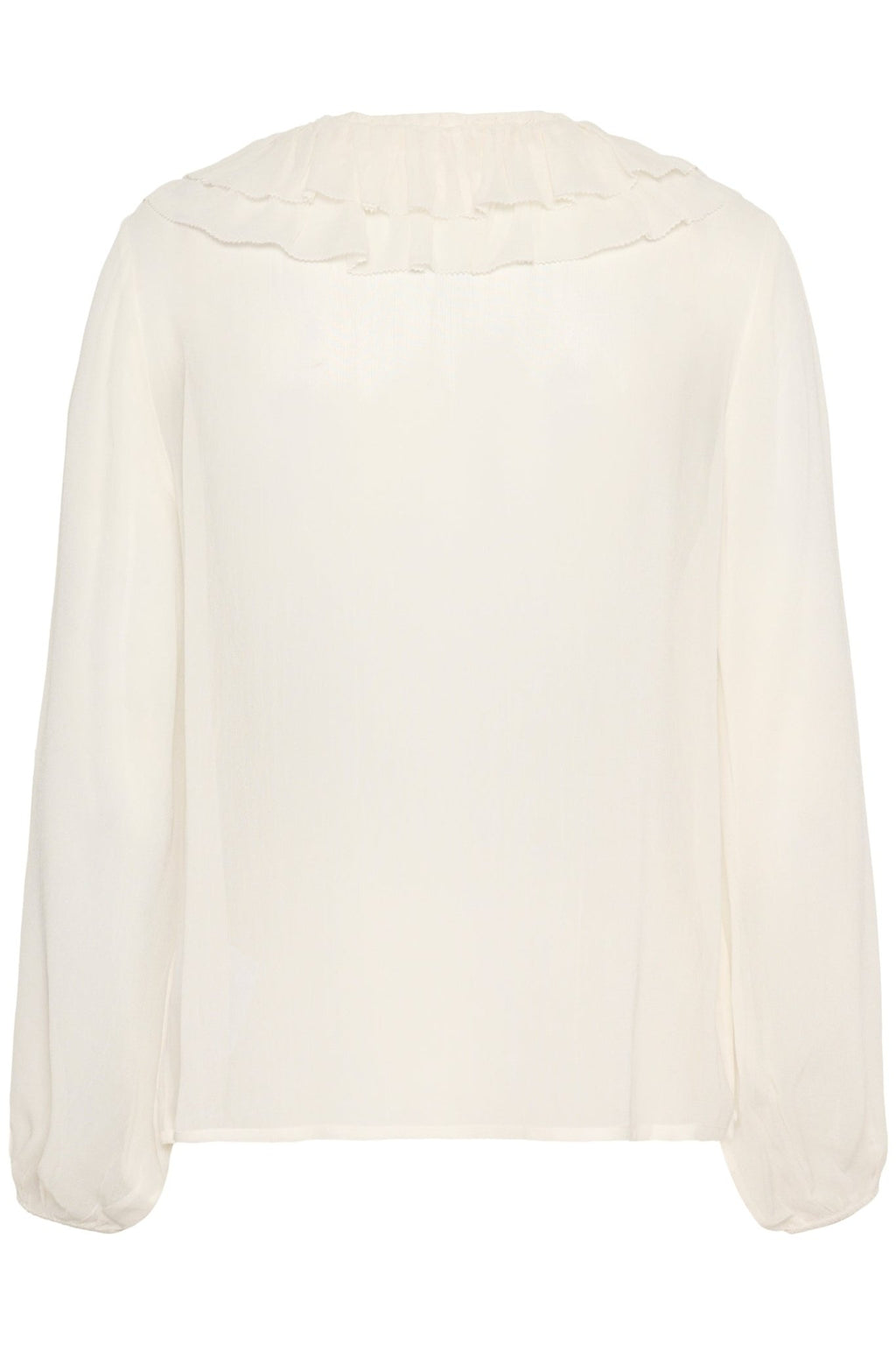 Part Two SanazPW eggnog blouse with ruffle v-neckline and button front, available at Dotique

