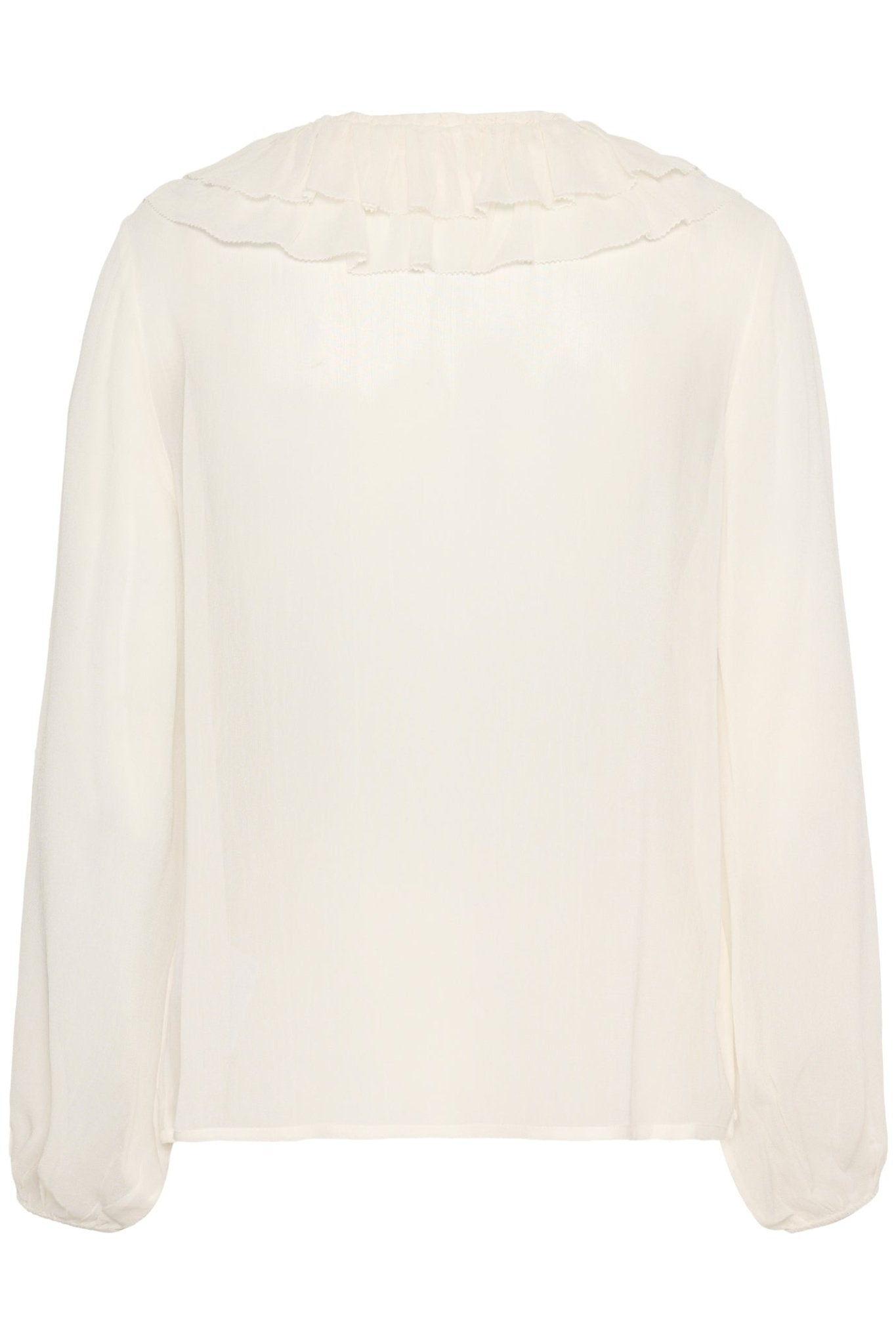 Part Two SanazPW eggnog blouse with ruffle v-neckline and button front, available at Dotique

