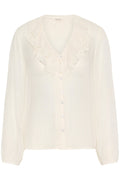 Part Two SanazPW eggnog blouse with ruffle v-neckline and button front, available at Dotique

