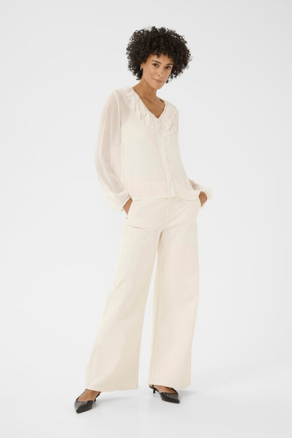 Part Two SanazPW eggnog blouse with ruffle v-neckline and button front, available at Dotique


