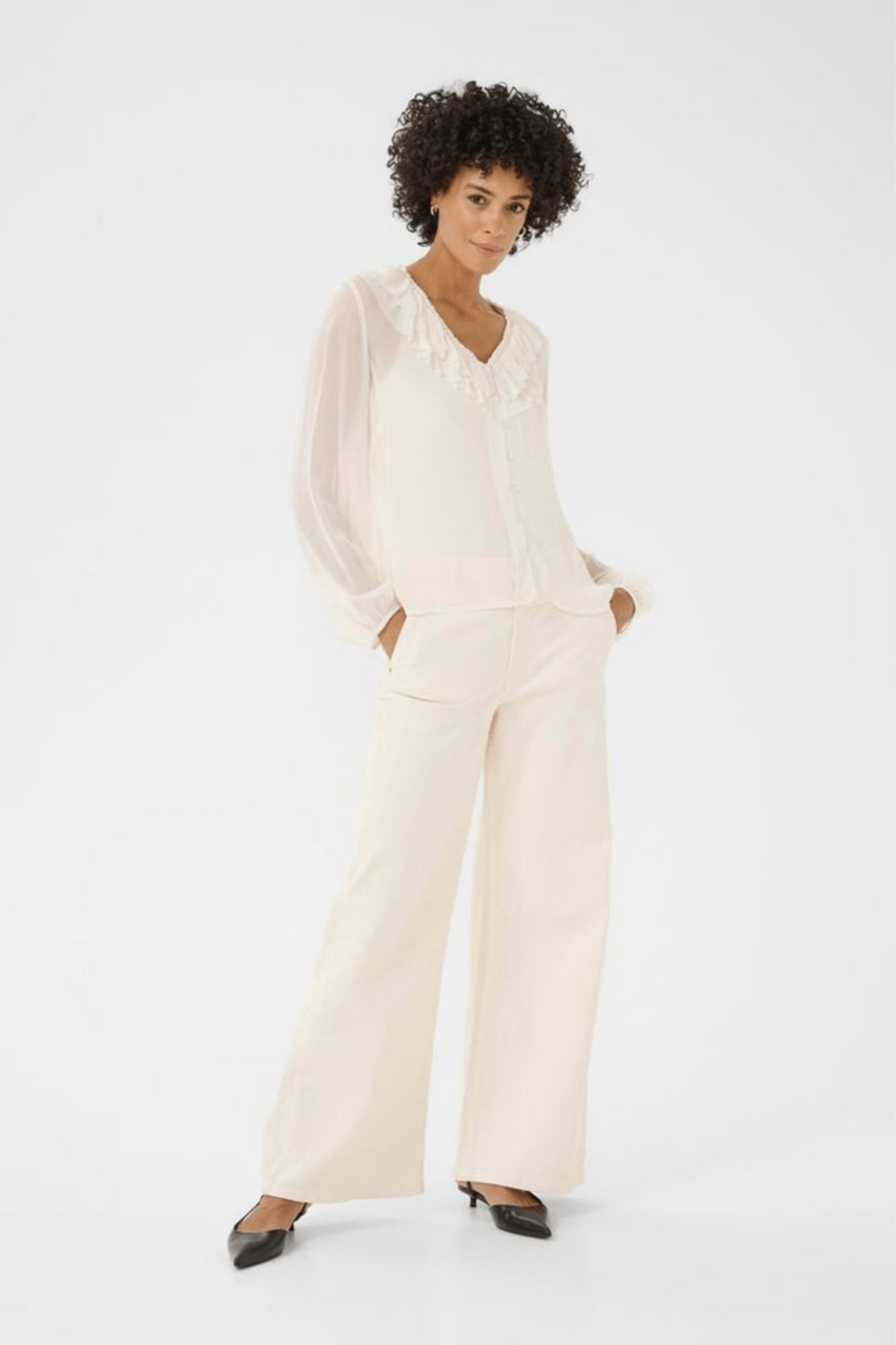 Part Two SanazPW eggnog blouse with ruffle v-neckline and button front, available at Dotique

