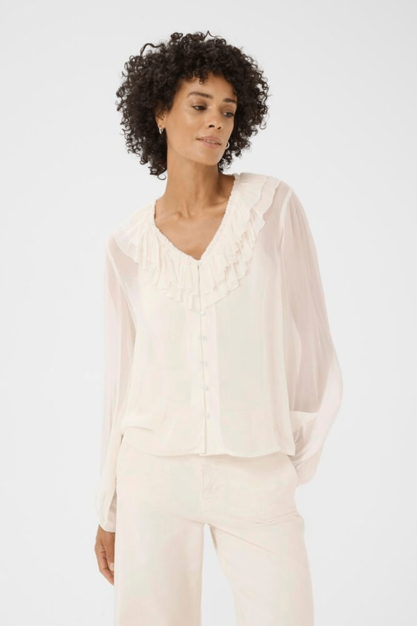 Part Two SanazPW eggnog blouse with ruffle v-neckline and button front, available at Dotique
