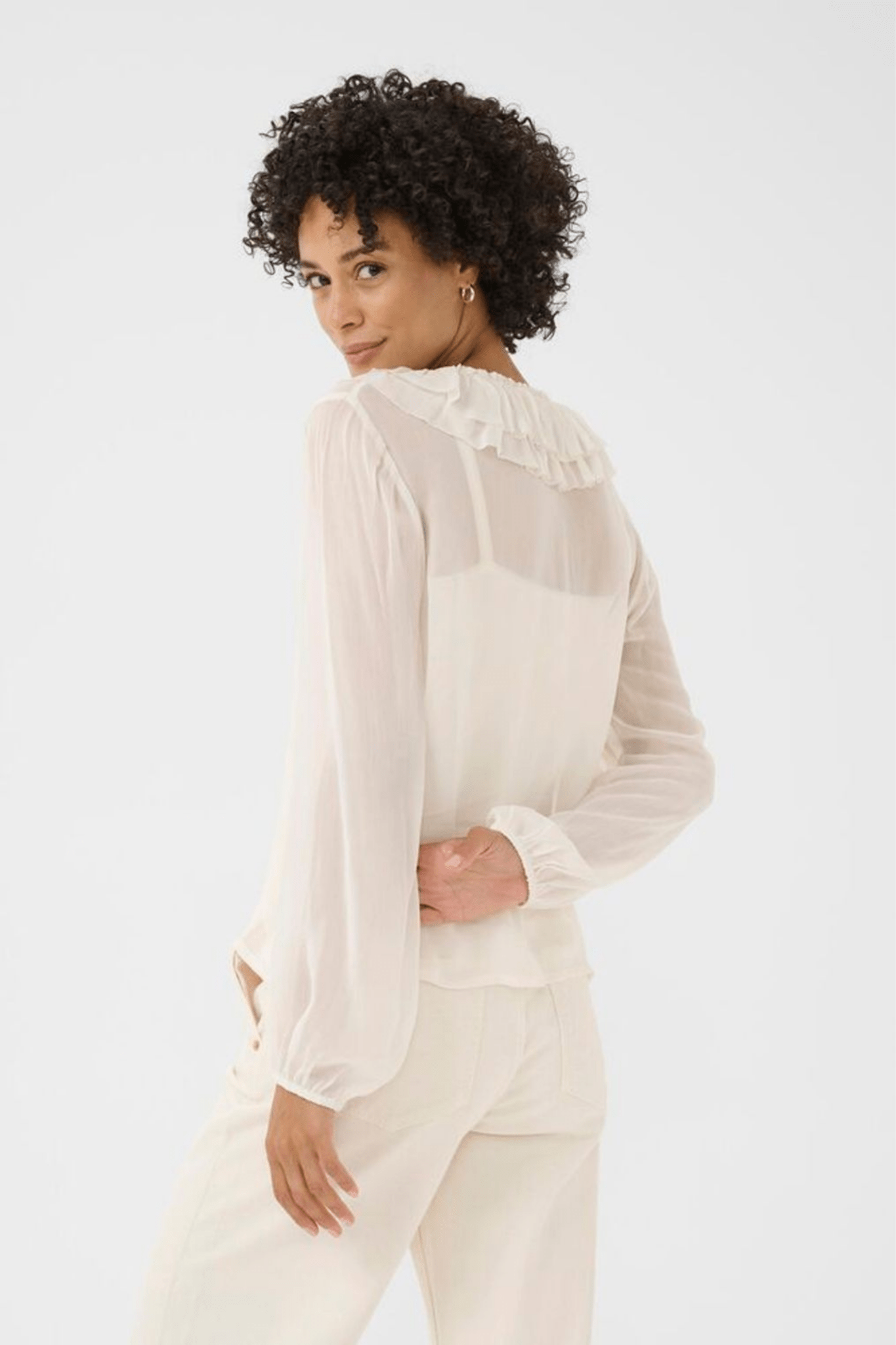 Part Two SanazPW eggnog blouse with ruffle v-neckline and button front, available at Dotique

