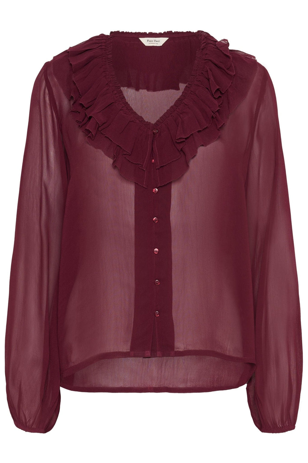 Part Two SanazPW blouse in tawny port with ruffle v-neckline and button front, available at Dotique