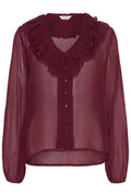 Part Two SanazPW blouse in tawny port with ruffle v-neckline and button front, available at Dotique