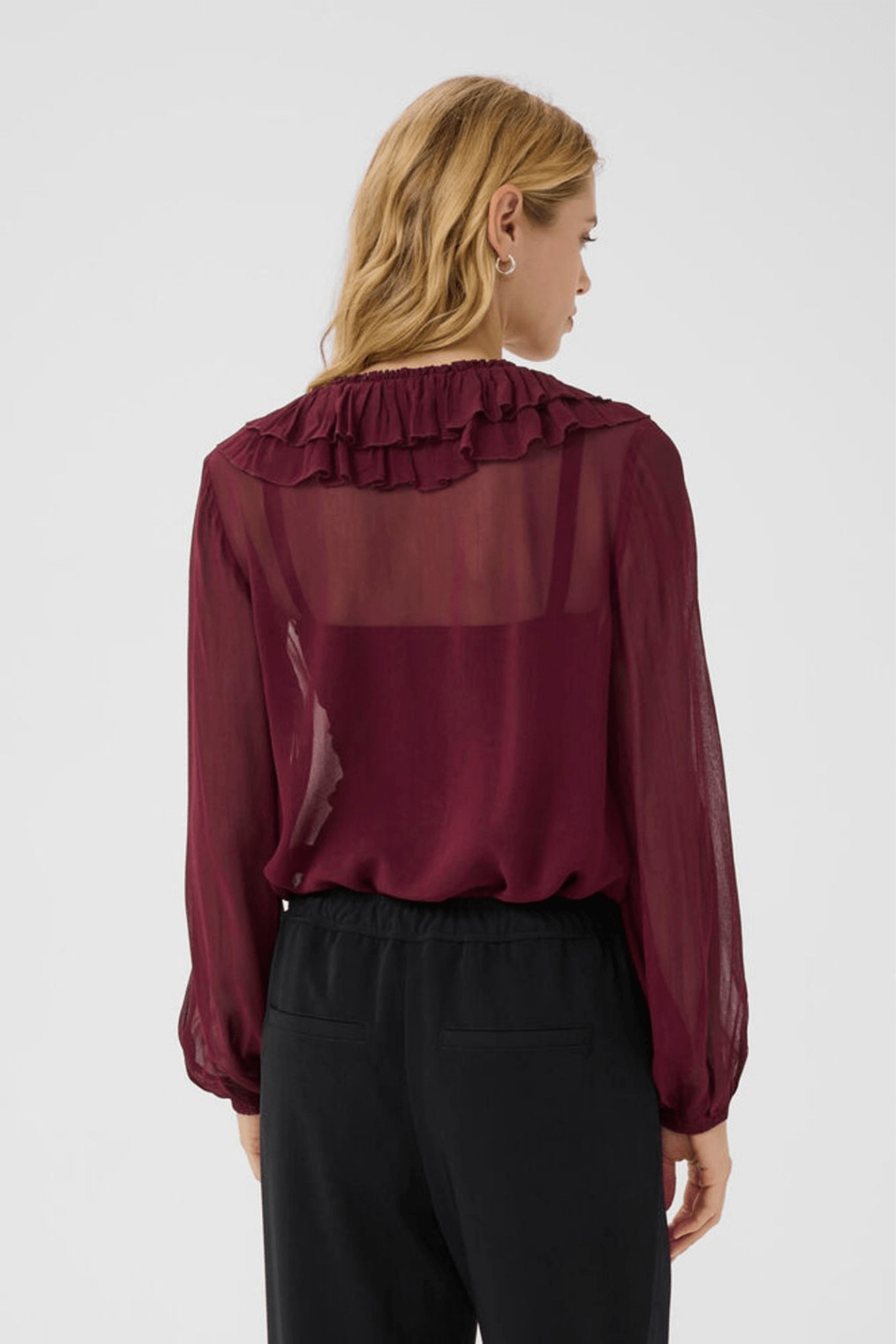 Part Two SanazPW blouse in tawny port with ruffle v-neckline and button front, available at Dotique