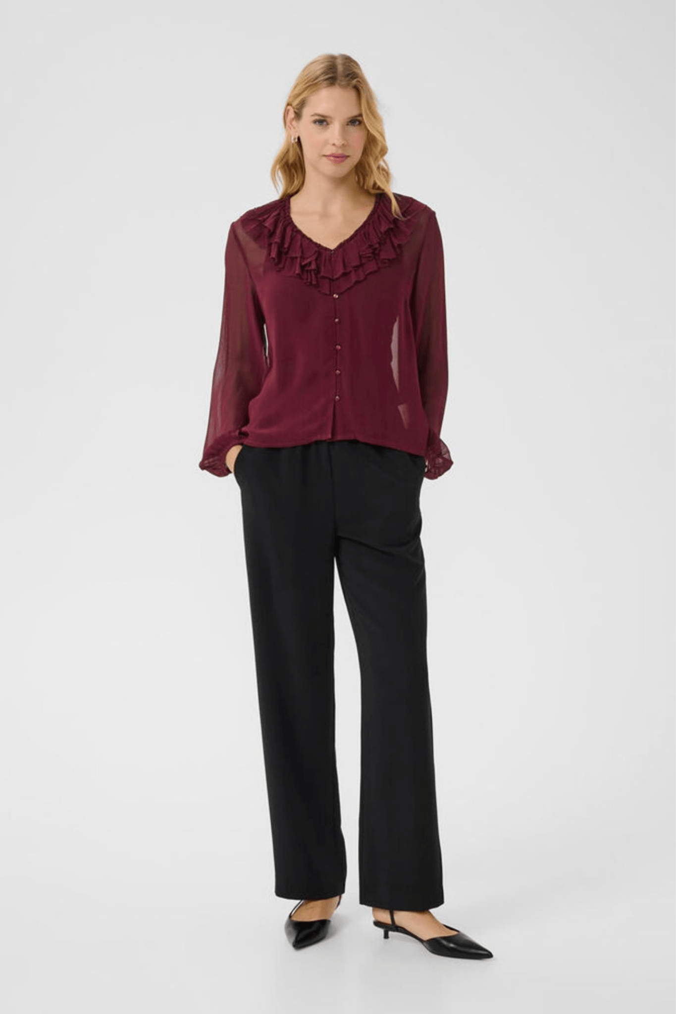 Part Two SanazPW blouse in tawny port with ruffle v-neckline and button front, available at Dotique