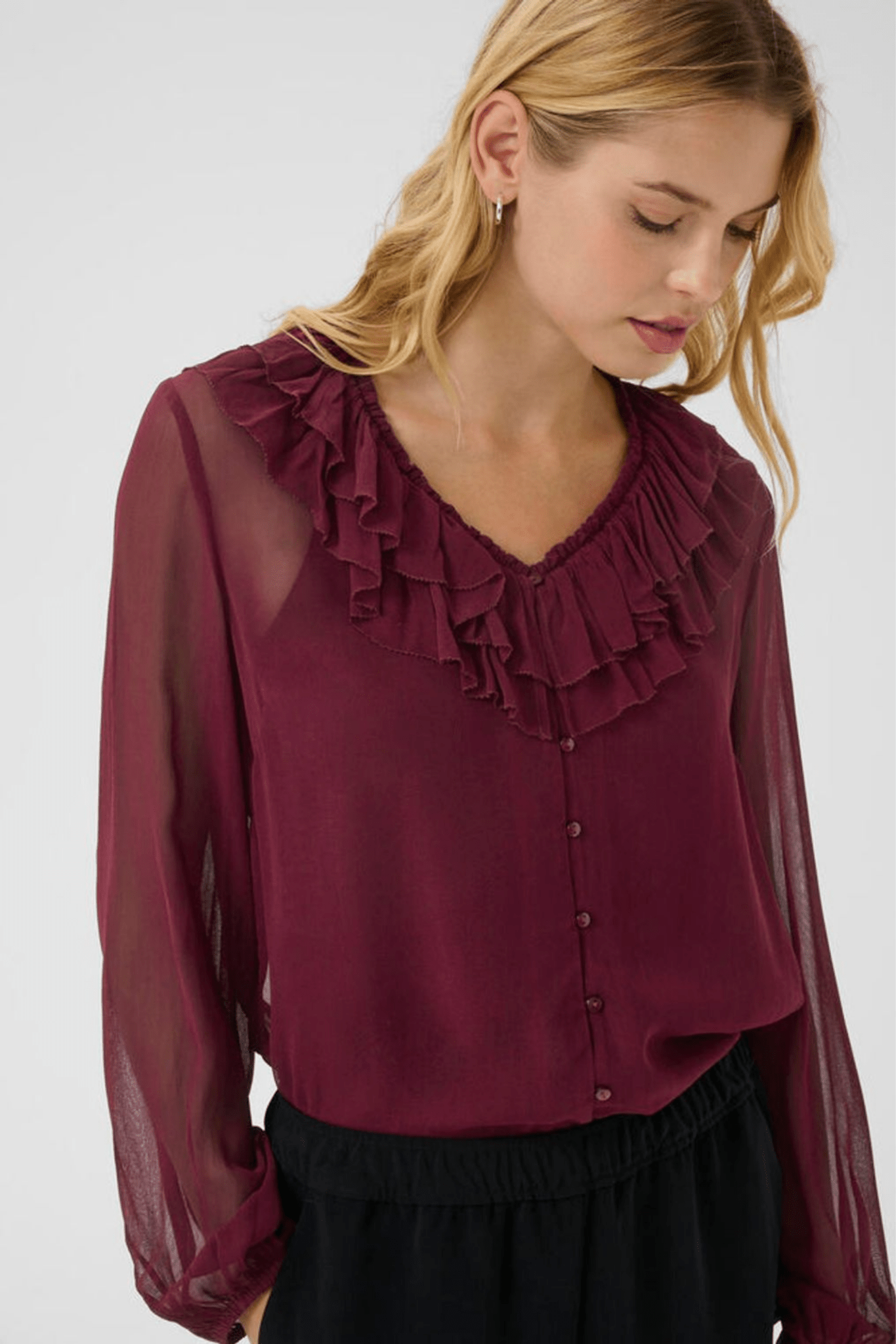 Part Two SanazPW blouse in tawny port with ruffle v-neckline and button front, available at Dotique