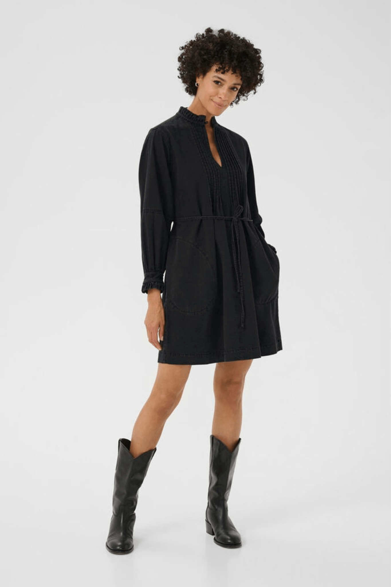 Part Two SarinePW washed black denim cotton dress with shirt collar and long sleeves – Dotique

