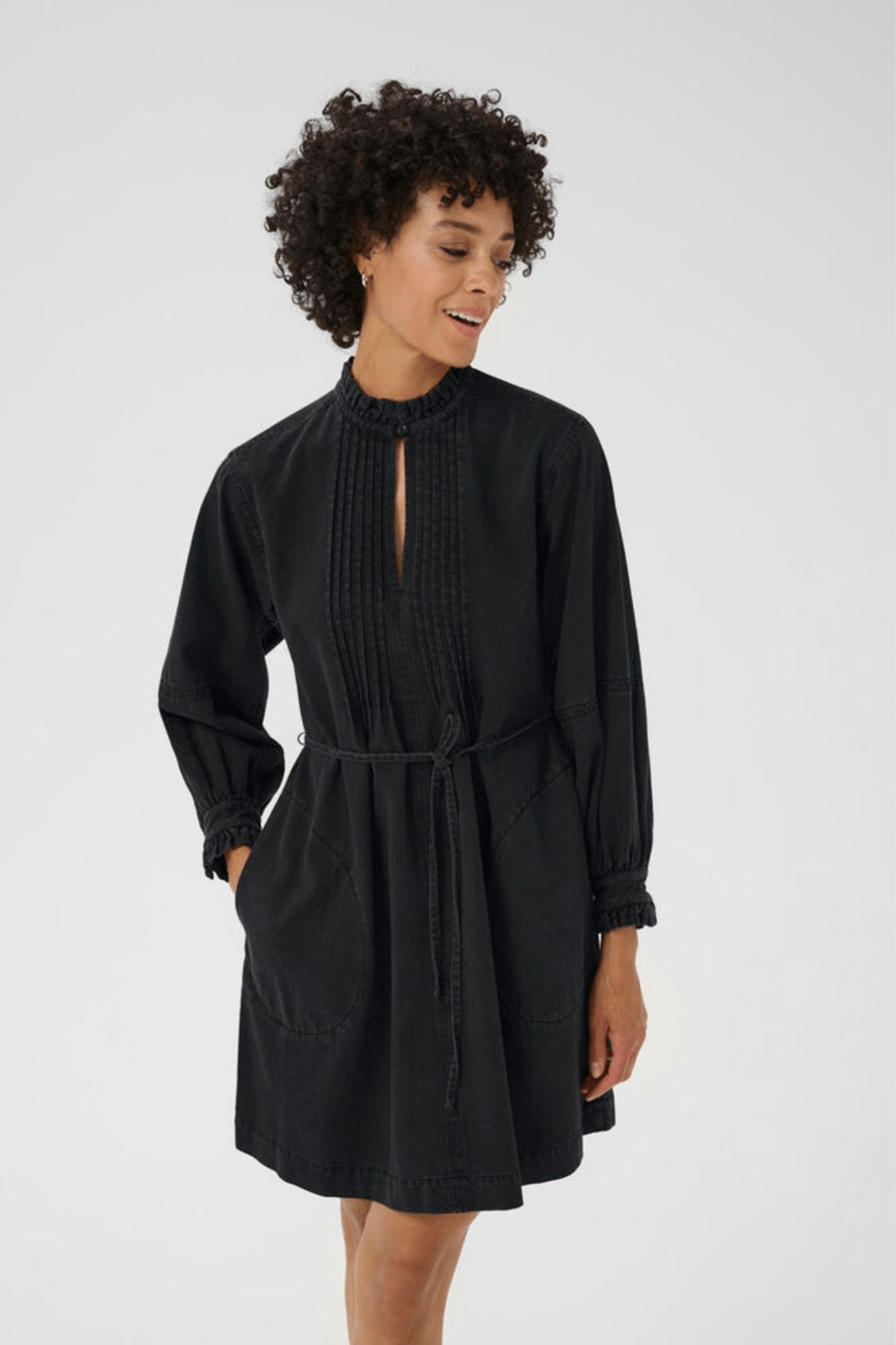 Part Two SarinePW washed black denim cotton dress with shirt collar and long sleeves – Dotique

