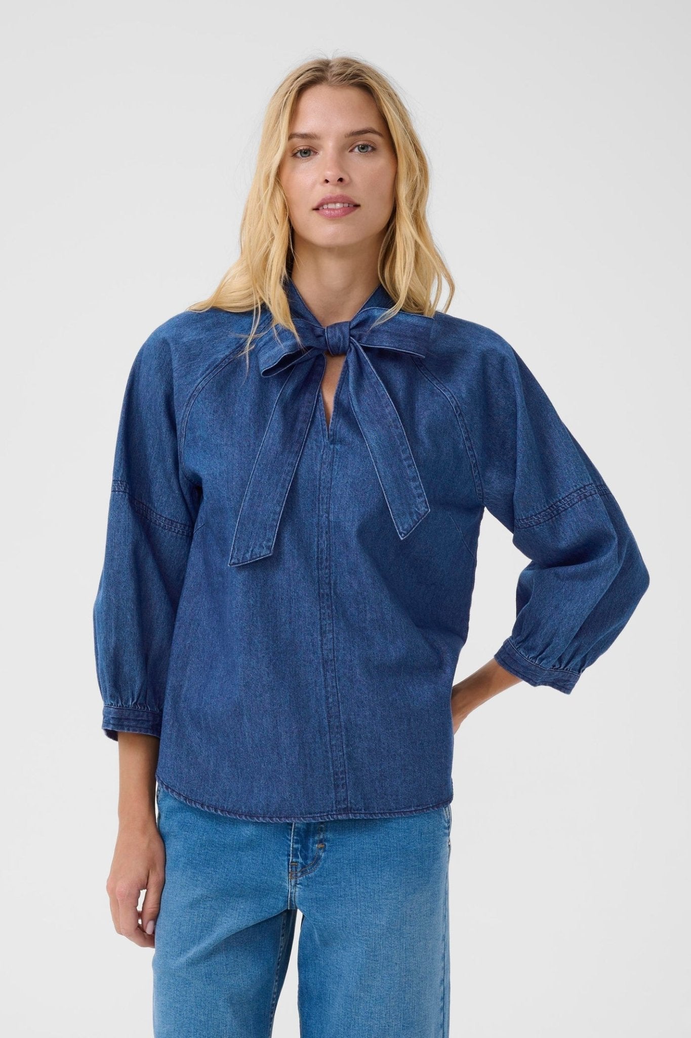 Part Two SassiPW dark denim cotton tie neck shirt with relaxed sleeves – Dotique
