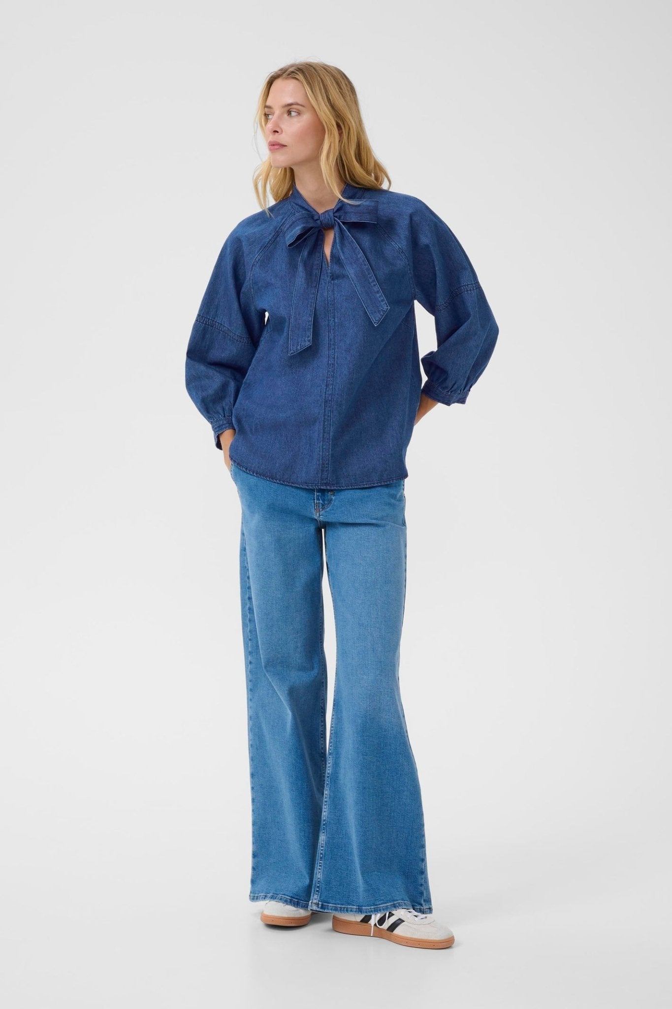 Part Two SassiPW dark denim cotton tie neck shirt with relaxed sleeves – Dotique
