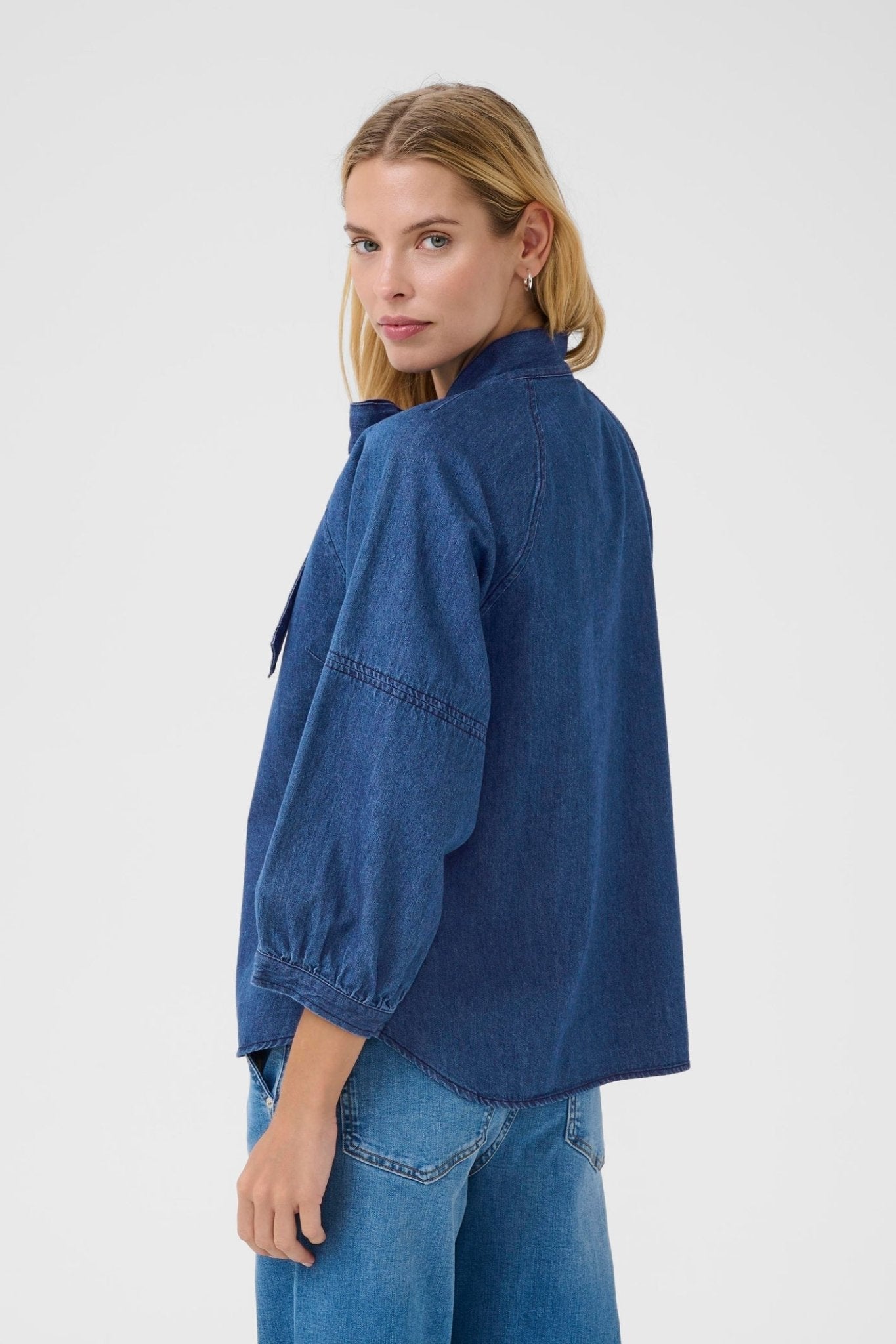 Part Two SassiPW dark denim cotton tie neck shirt with relaxed sleeves – Dotique
