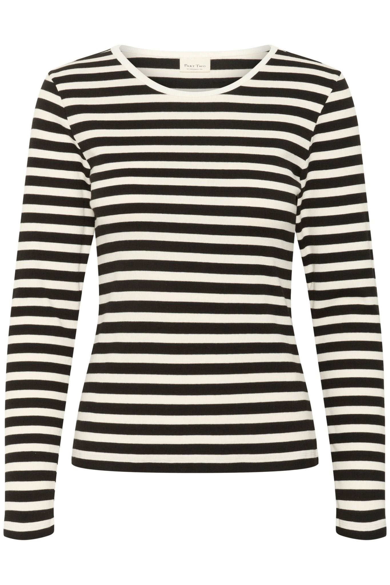 Part Two SassiaPW TS T-shirt in Black Stripe – cotton stretch slim fit striped tee with round neckline available at Dotique
