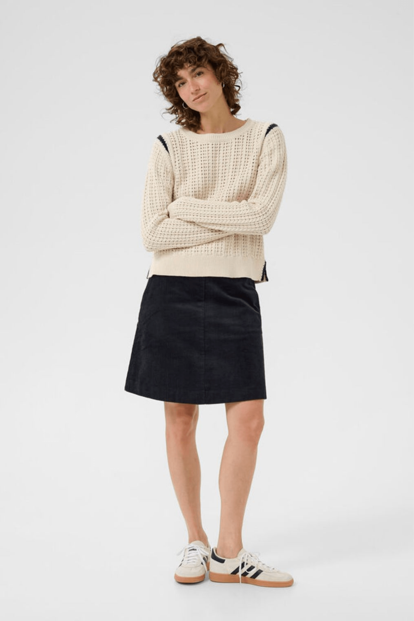 Part Two SeleniaPW whitecap grey jumper with dark navy stitch shoulder detail – Dotique