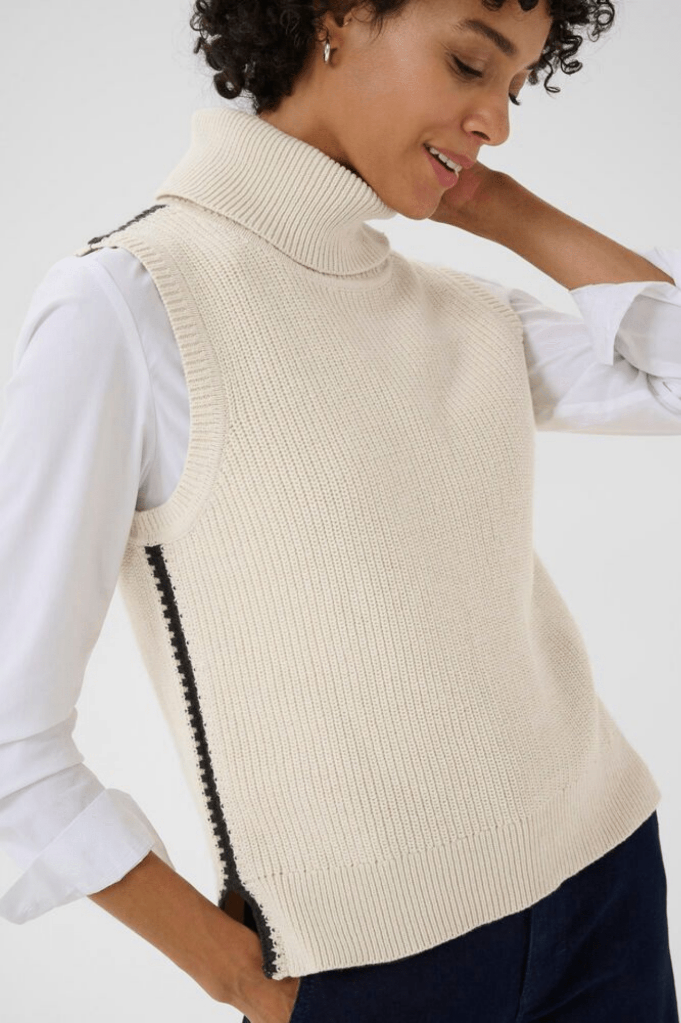 Part Two SellaPW cotton waistcoat in whitecap gray with dark navy stitch detail, available at Dotique

