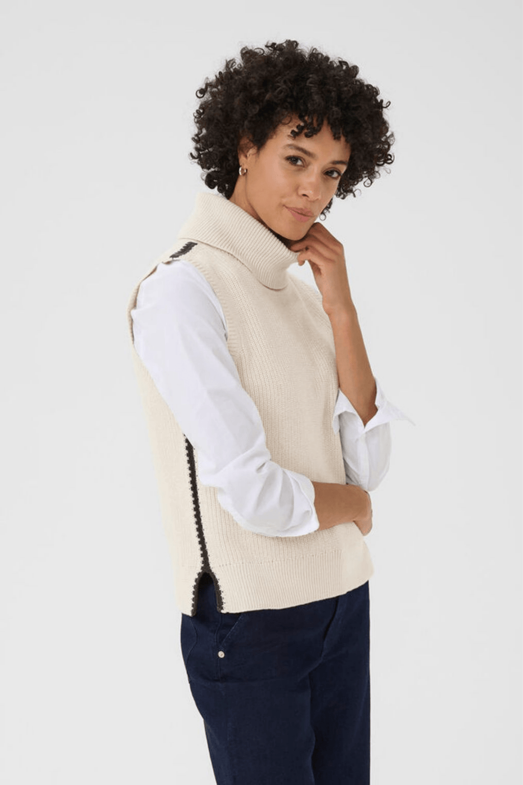 Part Two SellaPW cotton waistcoat in whitecap gray with dark navy stitch detail, available at Dotique

