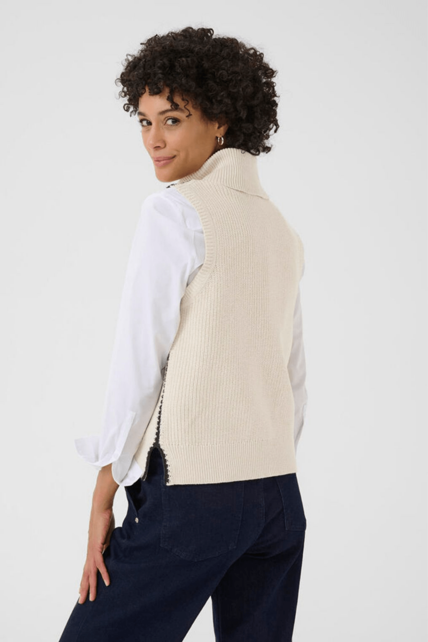 Part Two SellaPW cotton waistcoat in whitecap gray with dark navy stitch detail, available at Dotique

