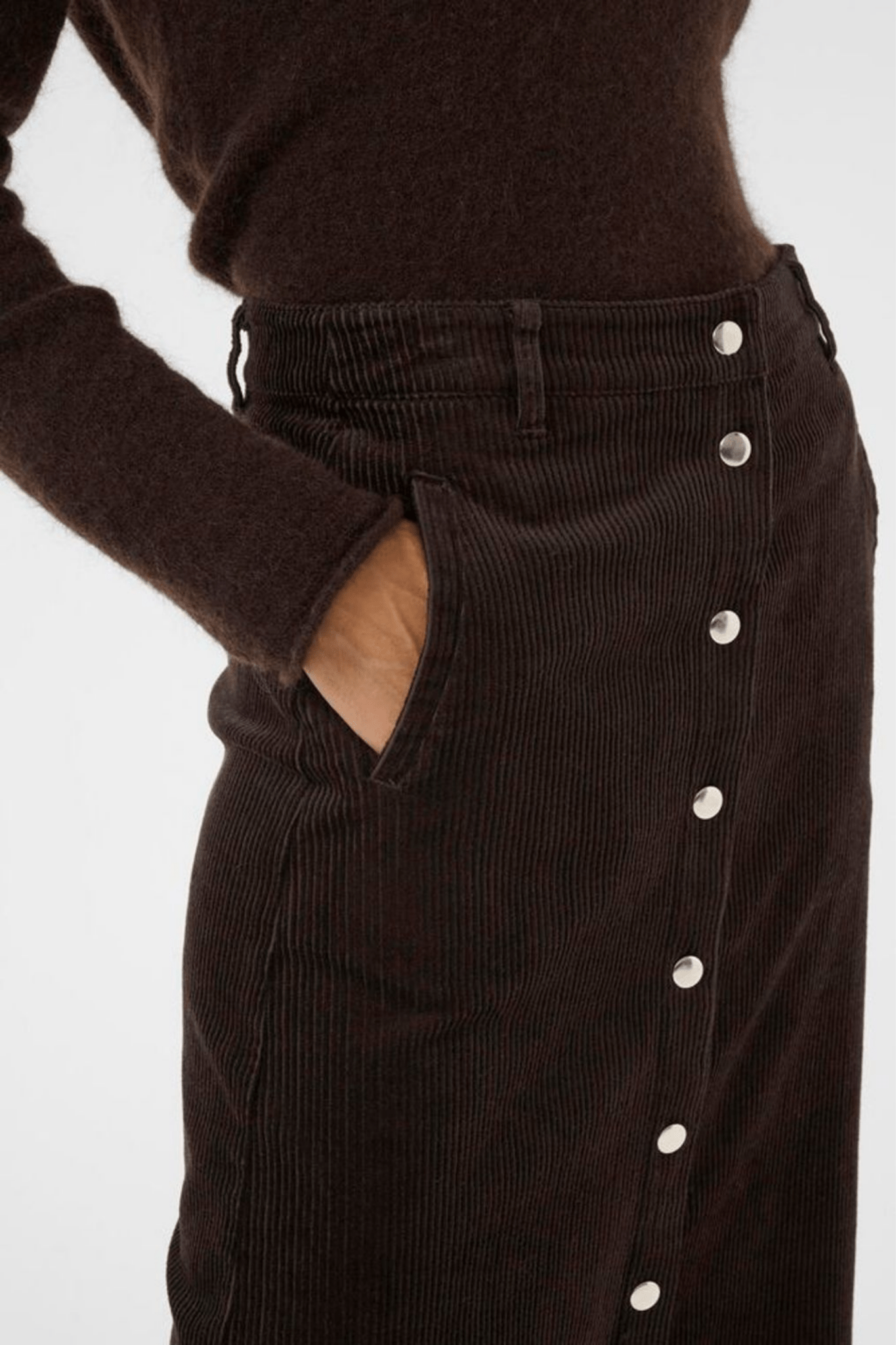 Part Two ShaylaPW cord midi skirt in ganache brown with button front, available at Dotique

