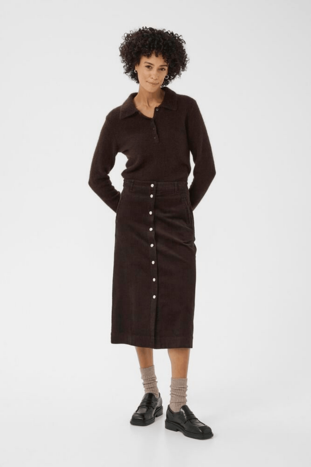 Part Two ShaylaPW cord midi skirt in ganache brown with button front, available at Dotique

