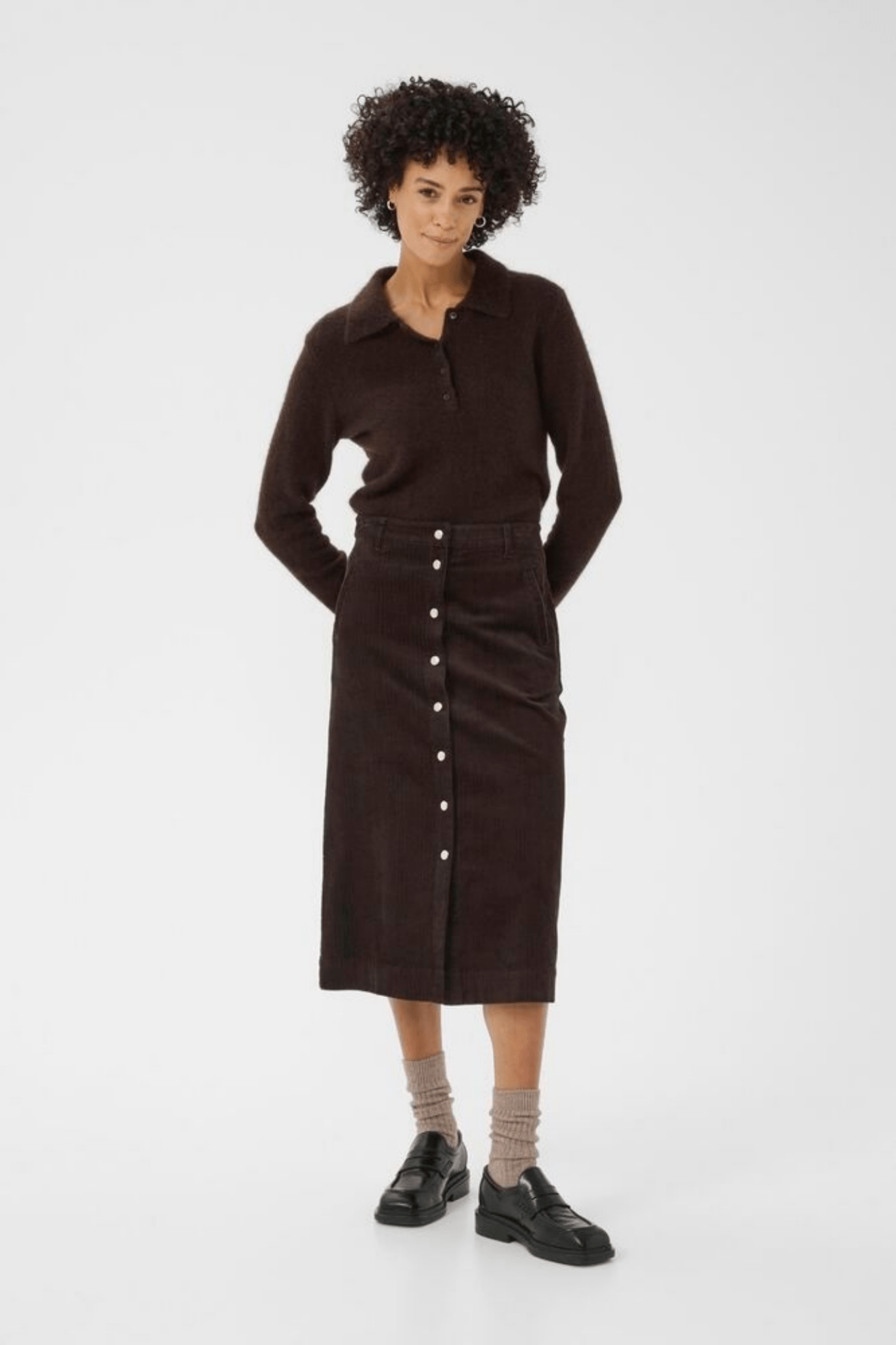 Part Two ShaylaPW cord midi skirt in ganache brown with button front, available at Dotique


