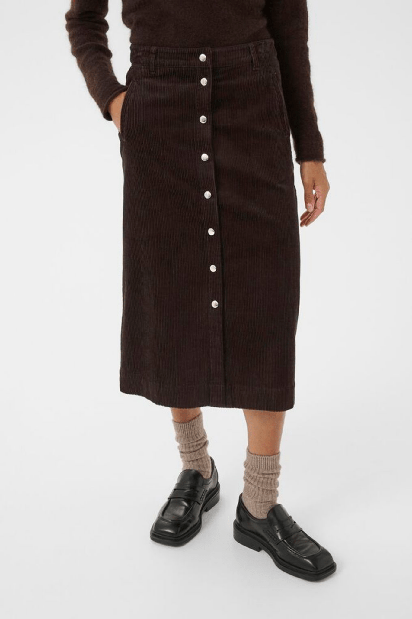 Part Two ShaylaPW cord midi skirt in ganache brown with button front, available at Dotique

