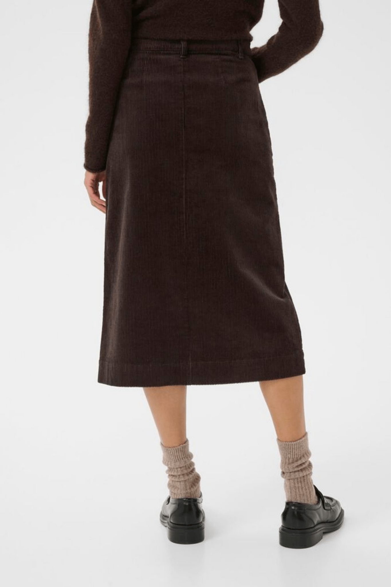 Part Two ShaylaPW cord midi skirt in ganache brown with button front, available at Dotique

