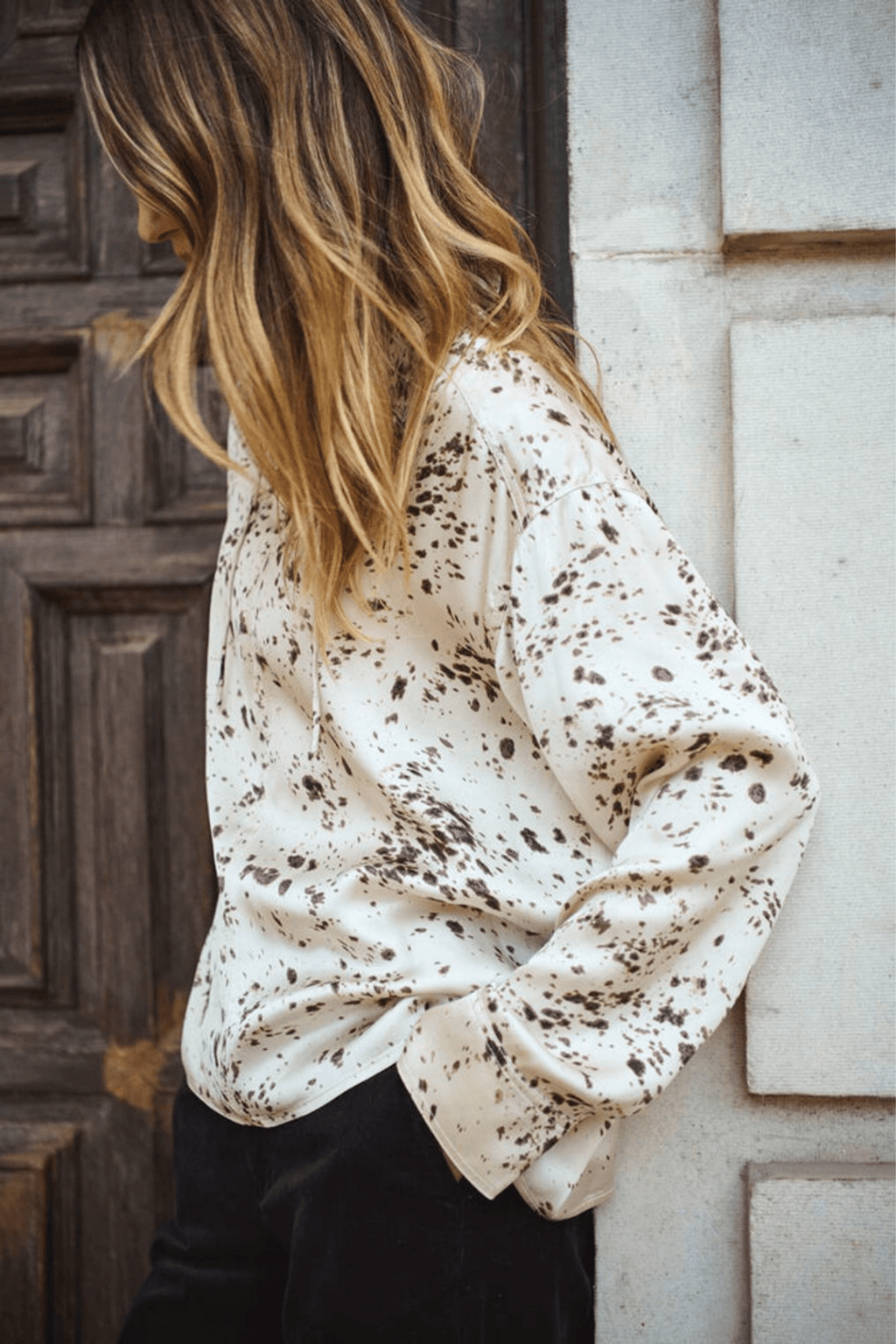 Part Two SheenaPW blouse in French oak scattered print with v-neckline, available at Dotique