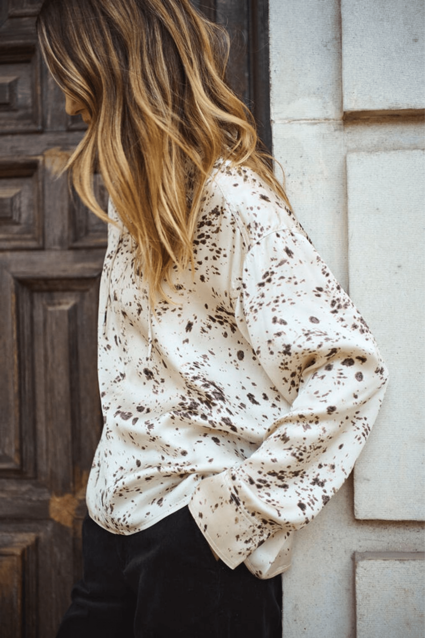 Part Two SheenaPW blouse in French oak scattered print with v-neckline, available at Dotique
