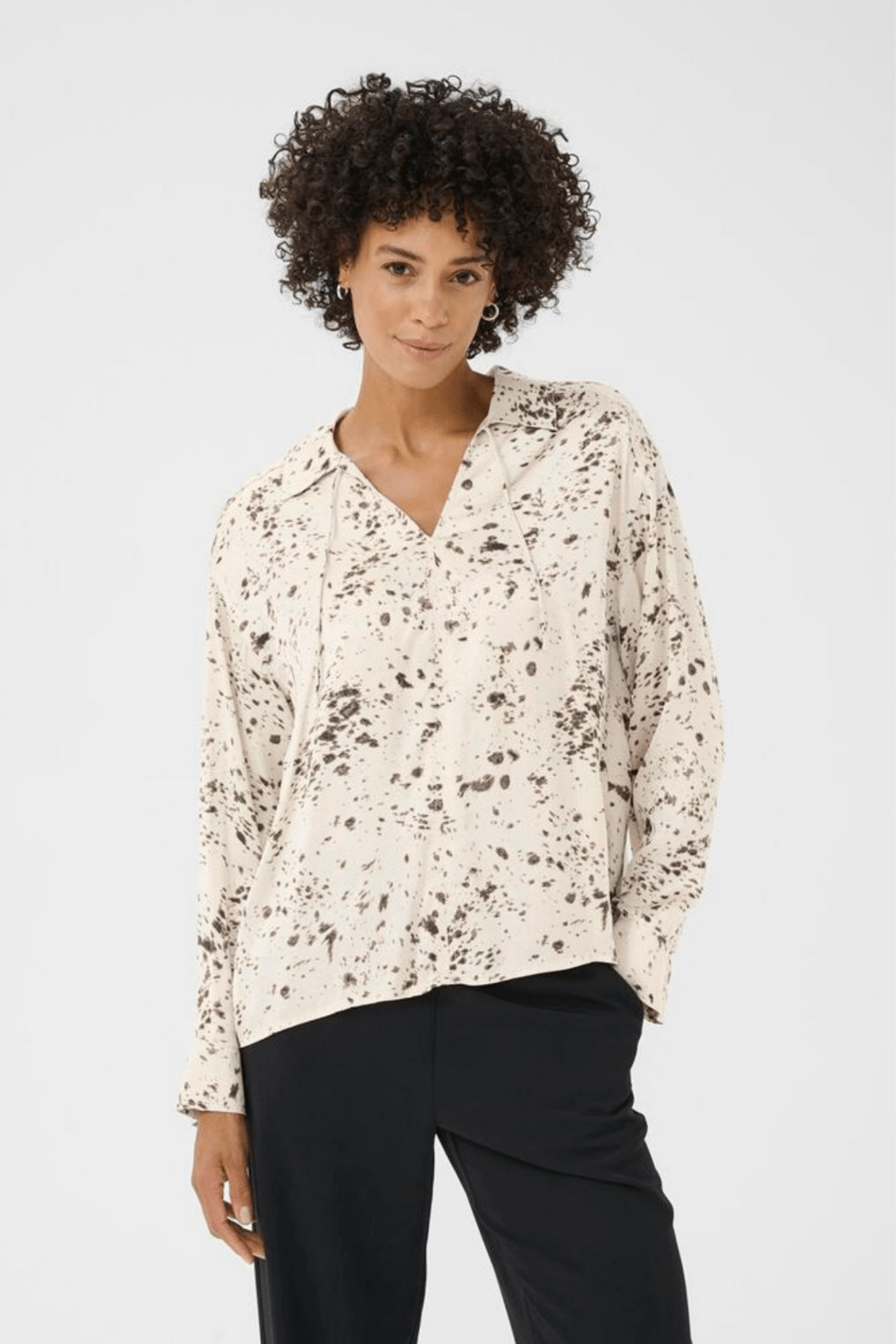 Part Two SheenaPW blouse in French oak scattered print with v-neckline, available at Dotique