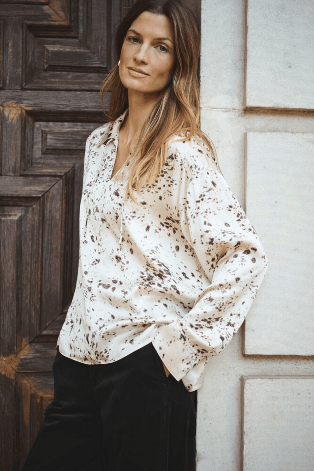 Part Two SheenaPW blouse in French oak scattered print with v-neckline, available at Dotique

