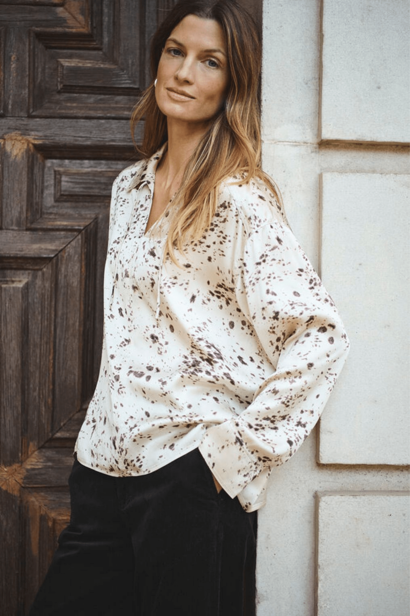 Part Two SheenaPW blouse in French oak scattered print with v-neckline, available at Dotique


