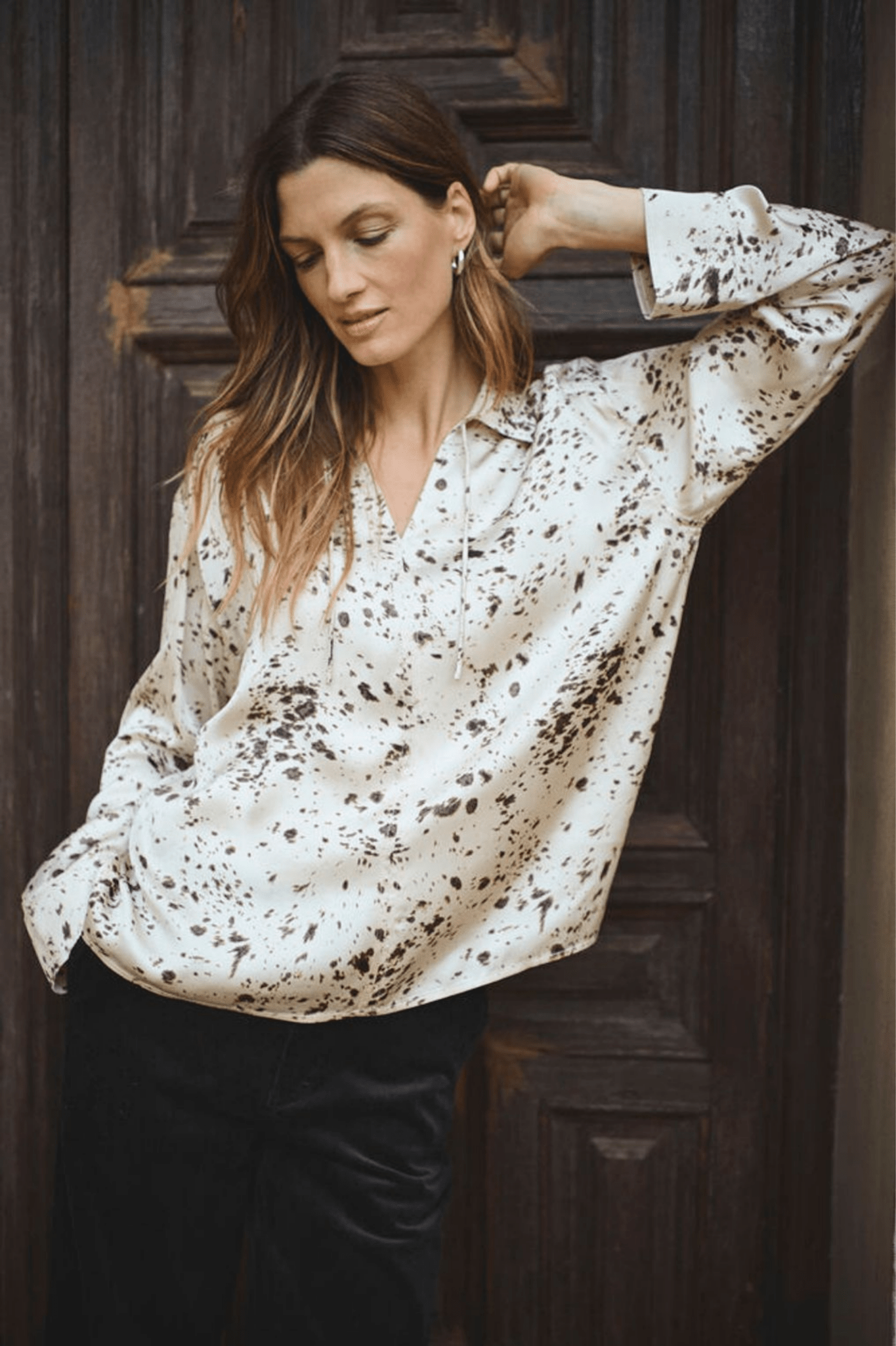 Part Two SheenaPW blouse in French oak scattered print with v-neckline, available at Dotique

