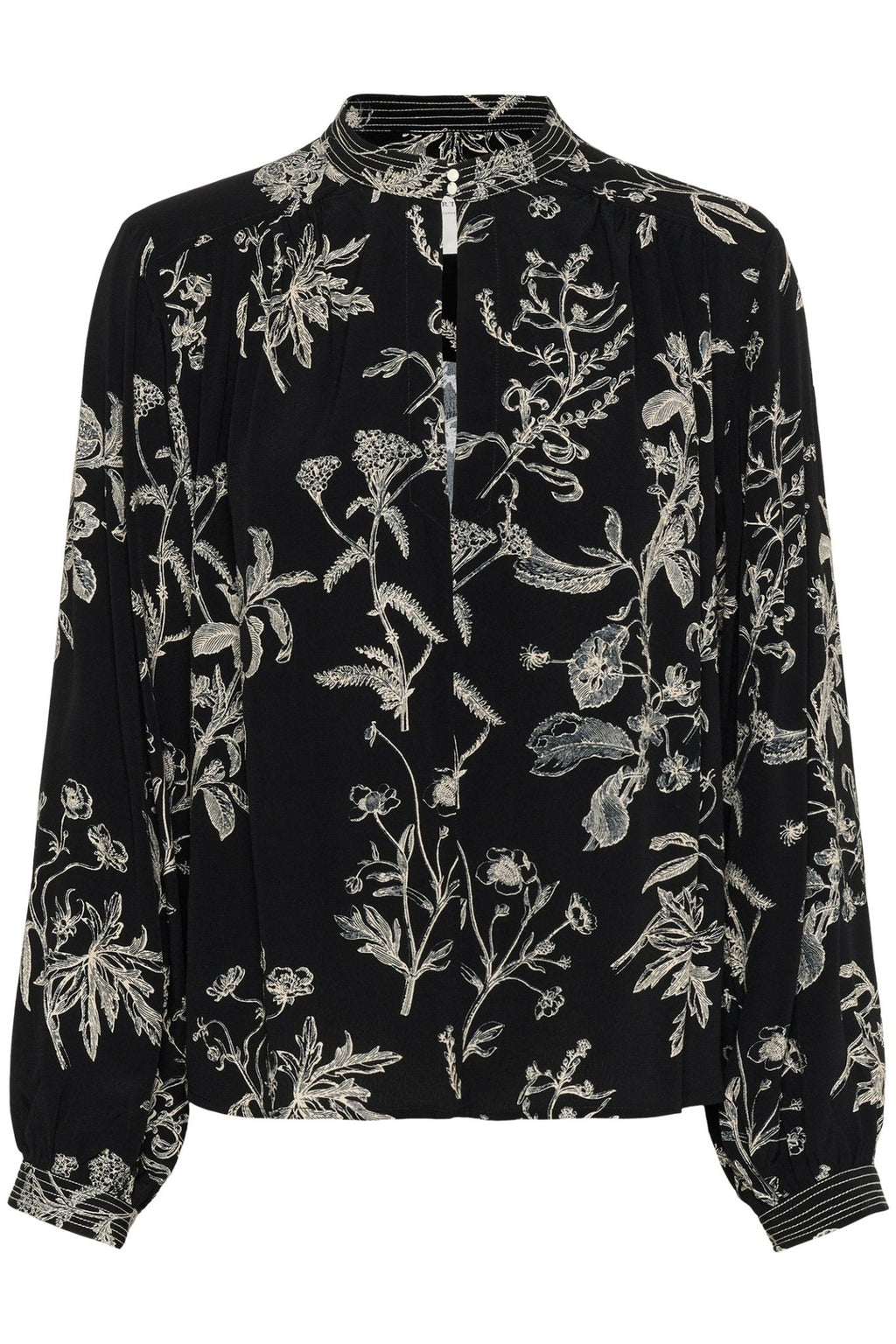 Part Two ShiromaPW black botanical print blouse with high neckline, relaxed fit, and pleat detailing – Dotique

