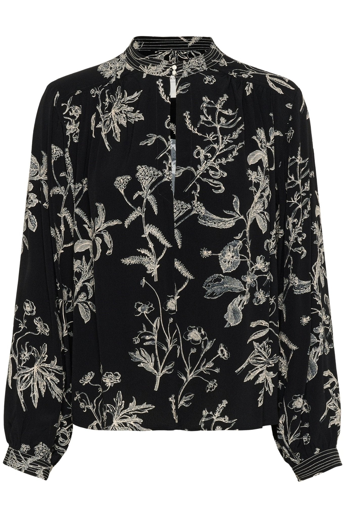 Part Two ShiromaPW black botanical print blouse with high neckline, relaxed fit, and pleat detailing – Dotique

