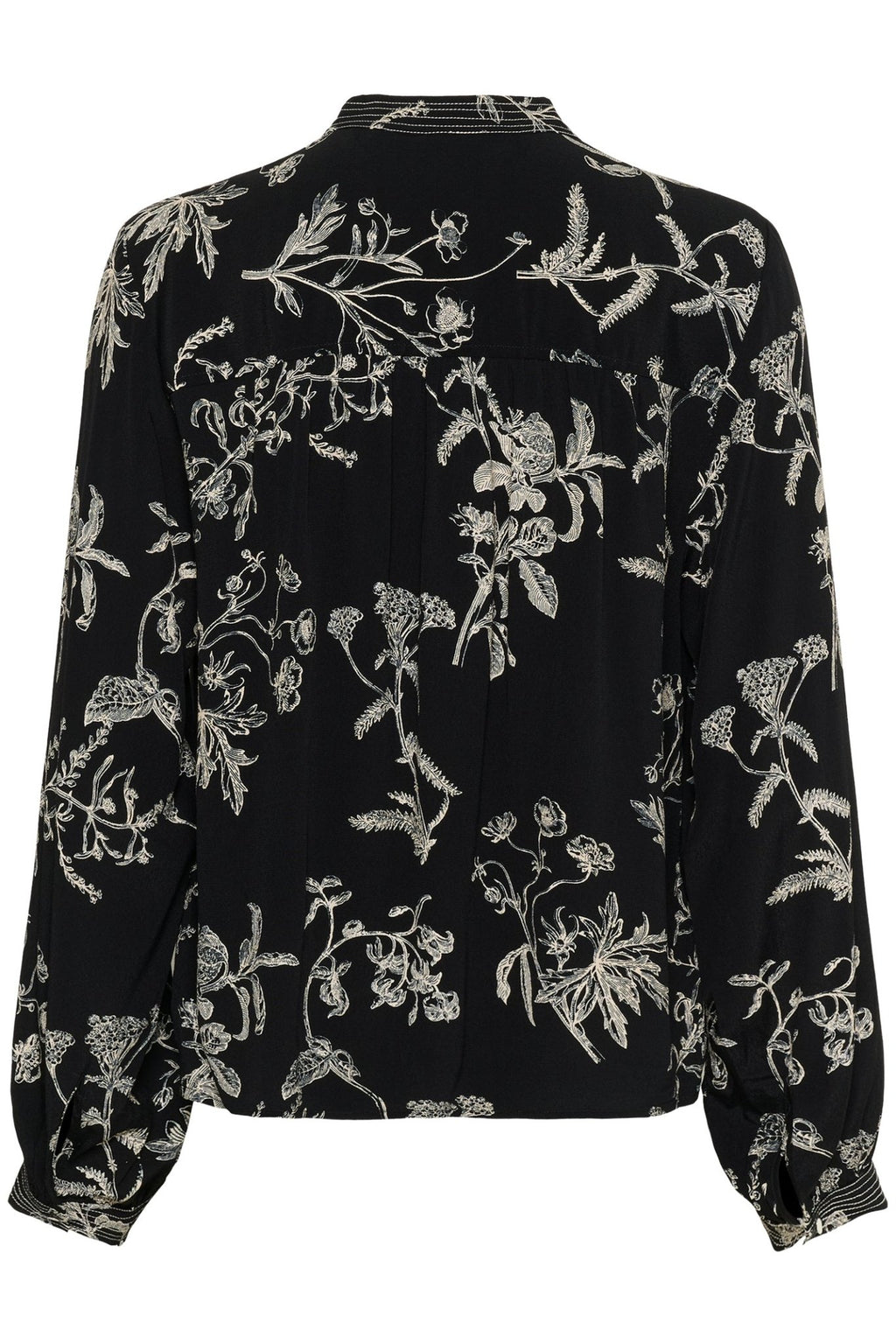 Part Two ShiromaPW black botanical print blouse with high neckline, relaxed fit, and pleat detailing – Dotique


