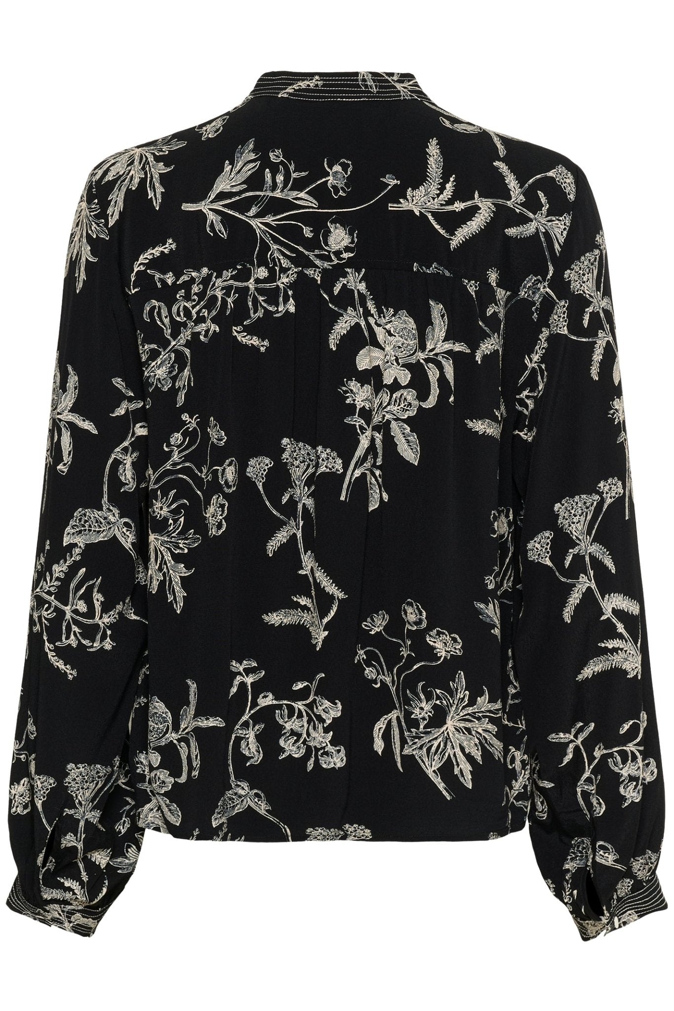 Part Two ShiromaPW black botanical print blouse with high neckline, relaxed fit, and pleat detailing – Dotique

