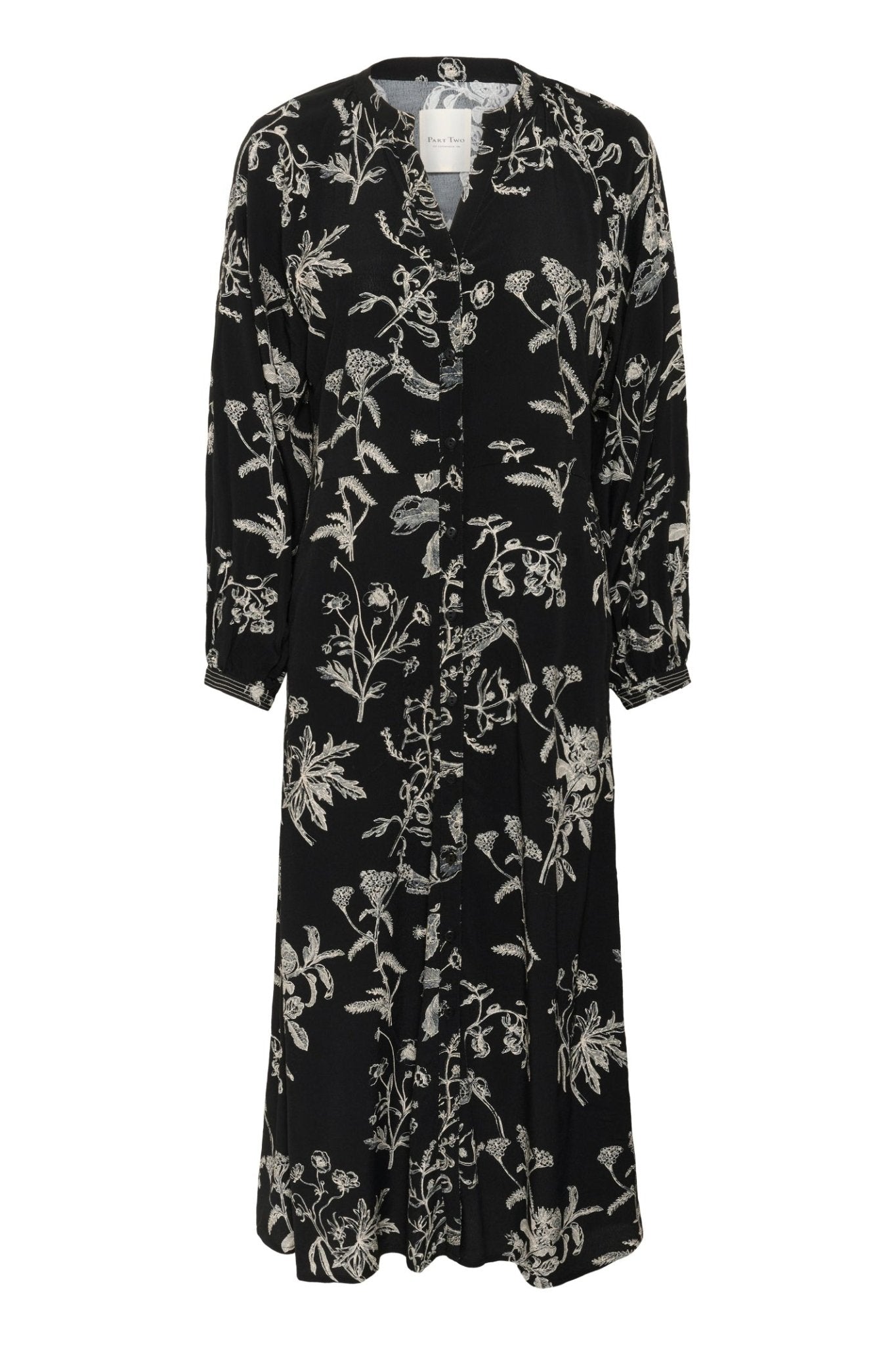 Part Two SiciliaPW dress black botanical print with v-neckline, button front, and long sleeves – Dotique

