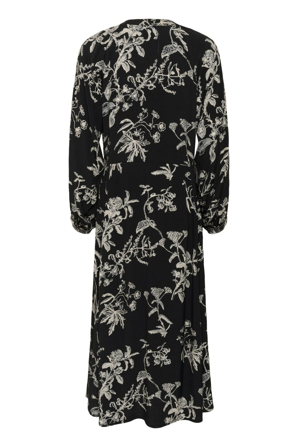 Part Two SiciliaPW dress black botanical print with v-neckline, button front, and long sleeves – Dotique

