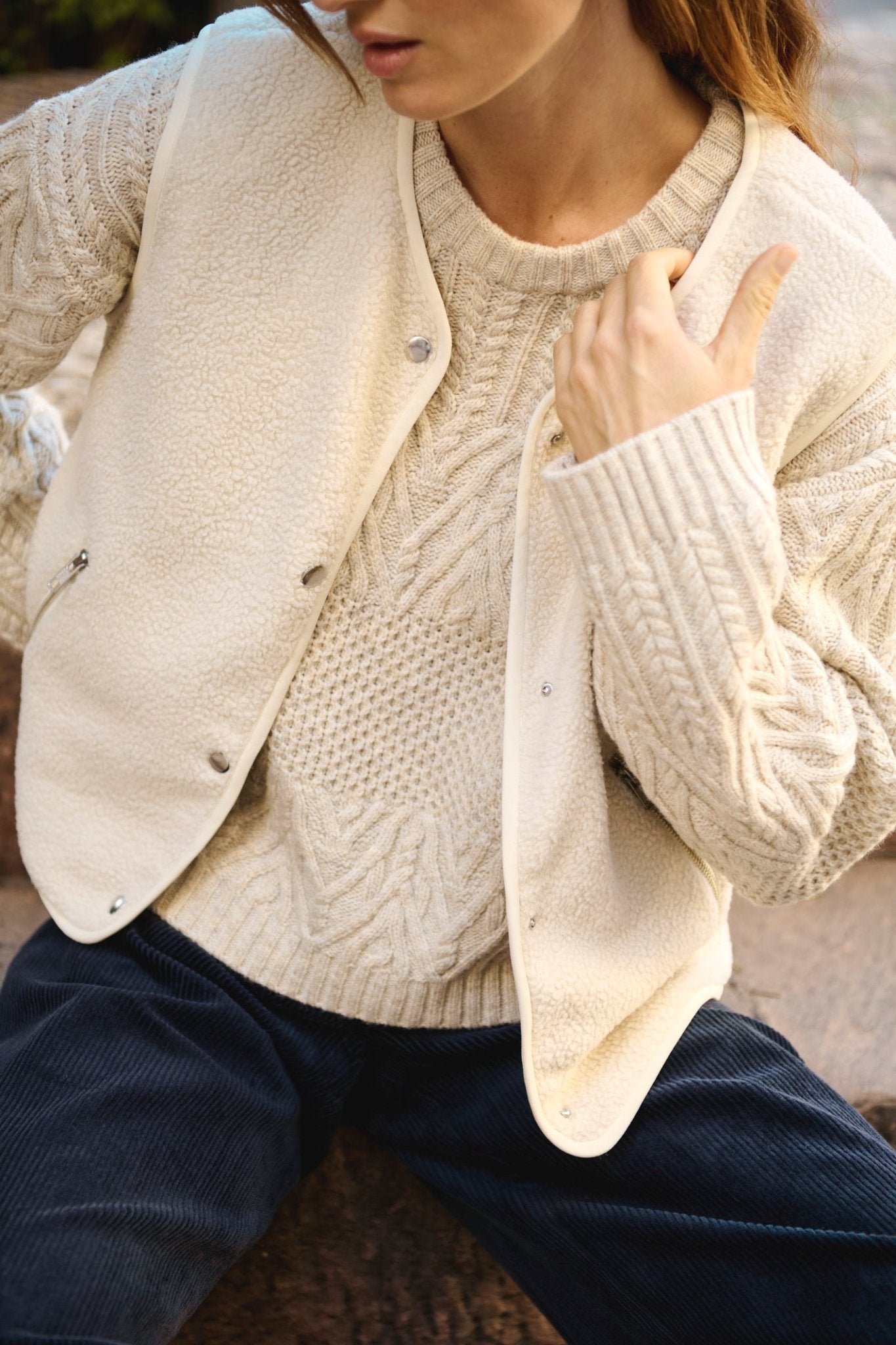 Part Two SignyPW WA Waistcoat in oatmeal – fleece teddy gilet with zip pockets and button closure, available at Dotique

