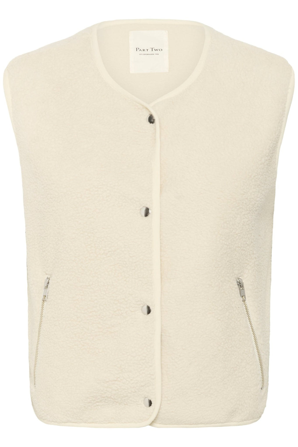 Part Two SignyPW WA Waistcoat in oatmeal – fleece teddy gilet with zip pockets and button closure, available at Dotique

