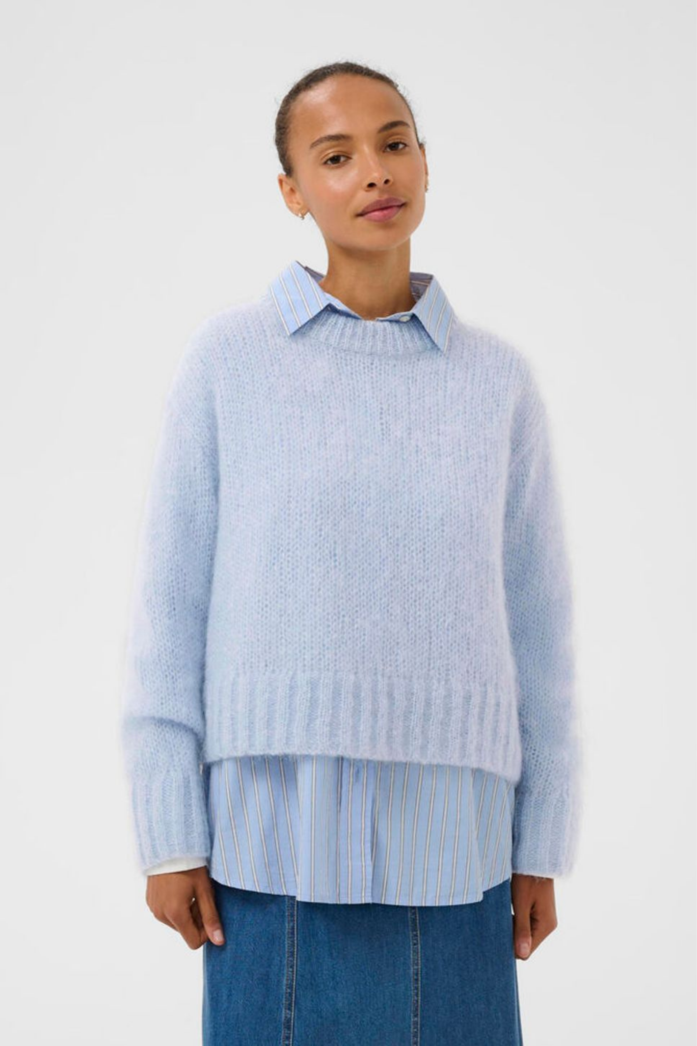 Soft mohair-blend jumper by Part Two in a calming heather blue. Lightweight, cosy and easy to style for everyday wear. Shop now at Dotique.