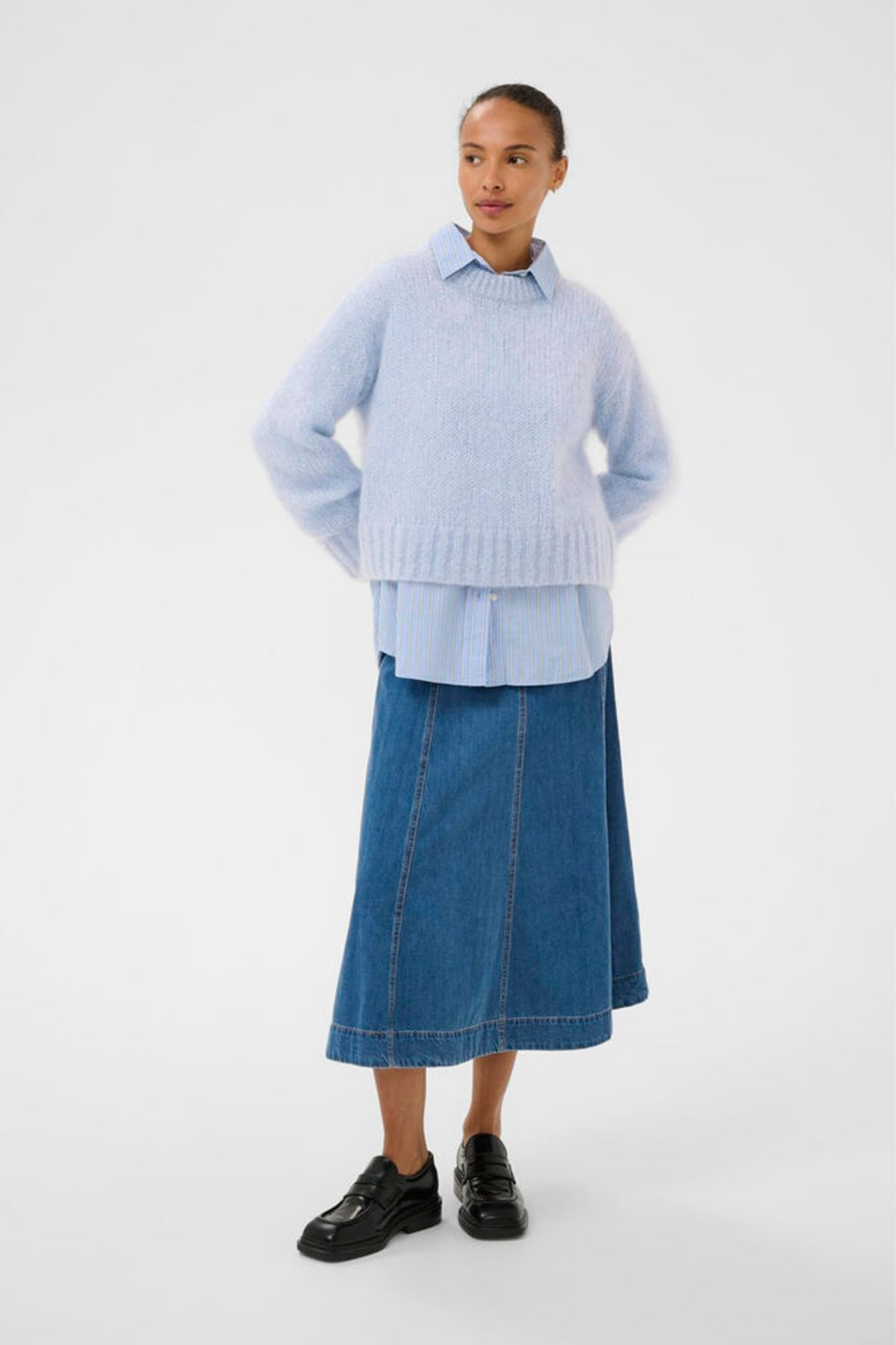 Soft mohair-blend jumper by Part Two in a calming heather blue. Lightweight, cosy and easy to style for everyday wear. Shop now at Dotique.
