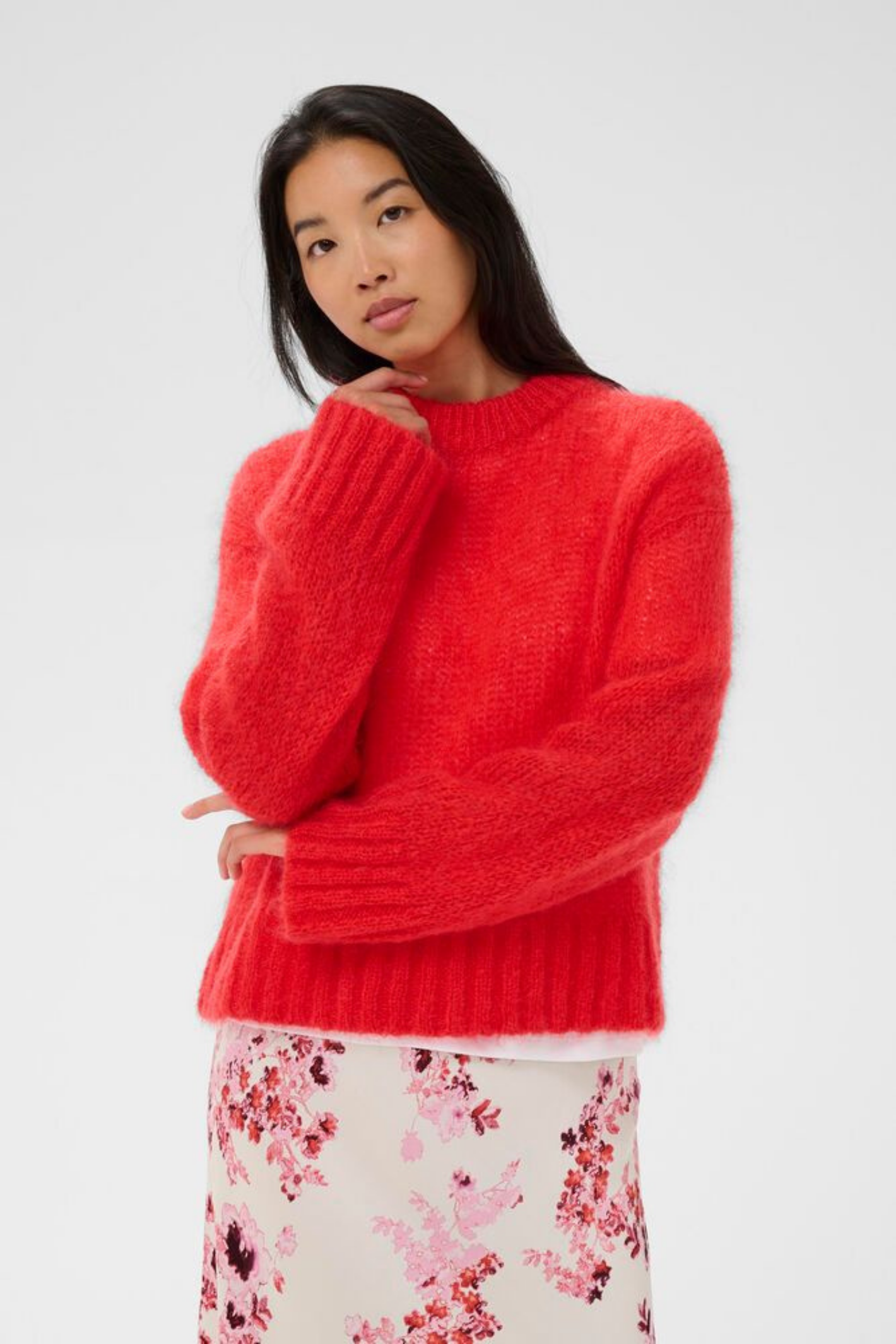Cosy mohair-blend jumper by Part Two in a vibrant poppy red. Soft, lightweight and easy to style for everyday wear. Shop now at Dotique.