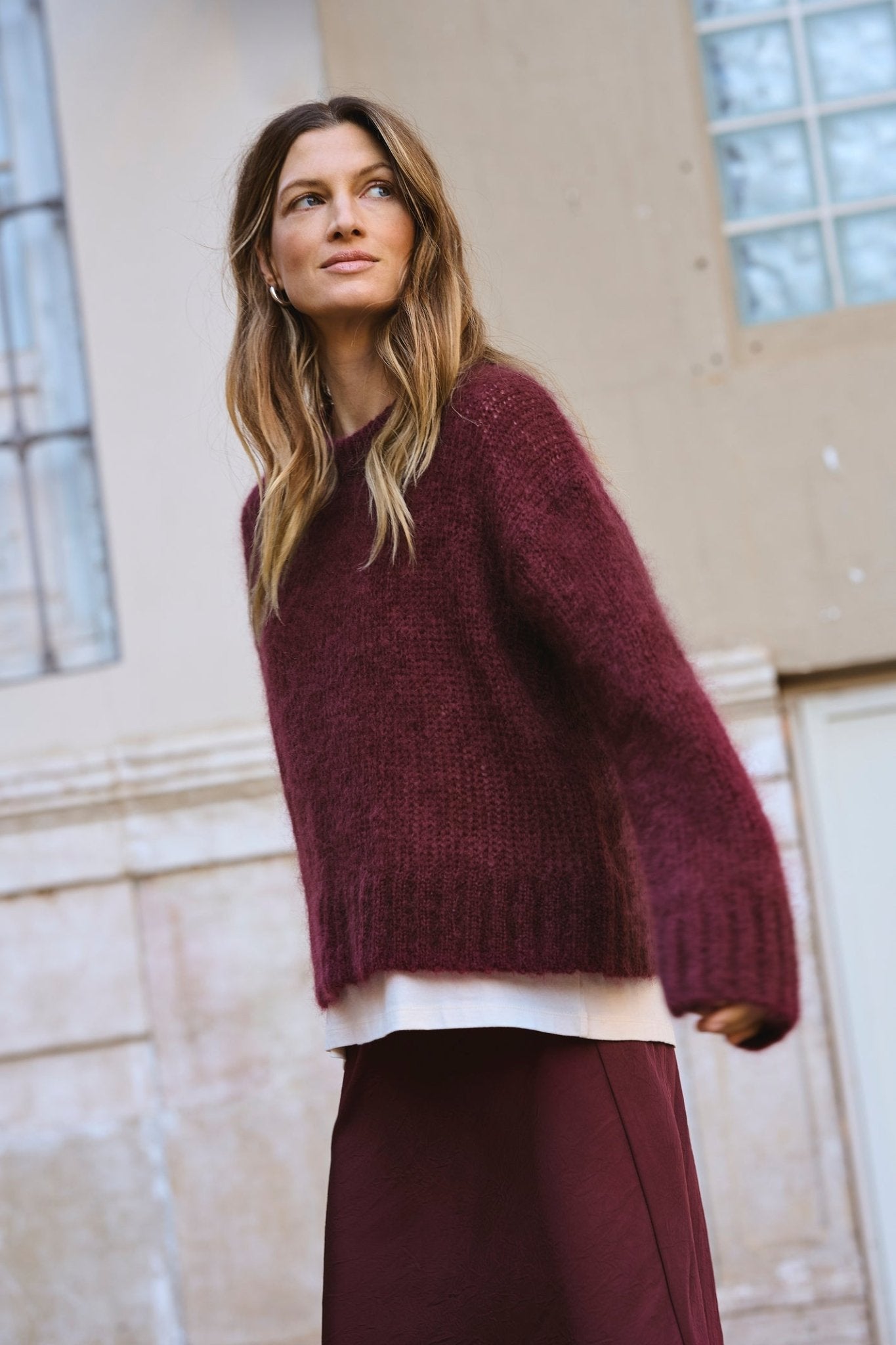 Part Two SillePW PU Jumper in Tawny Port – chunky knit mohair wool blend jumper in rich burgundy with ribbed trims available at Dotique
