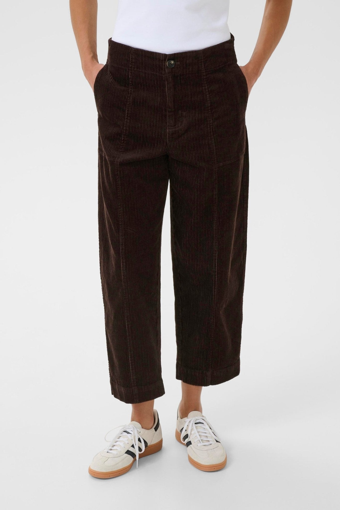 Part Two NettaPW PA Trousers in Ganache – brown corduroy straight leg trousers with front seam detail available at Dotique
