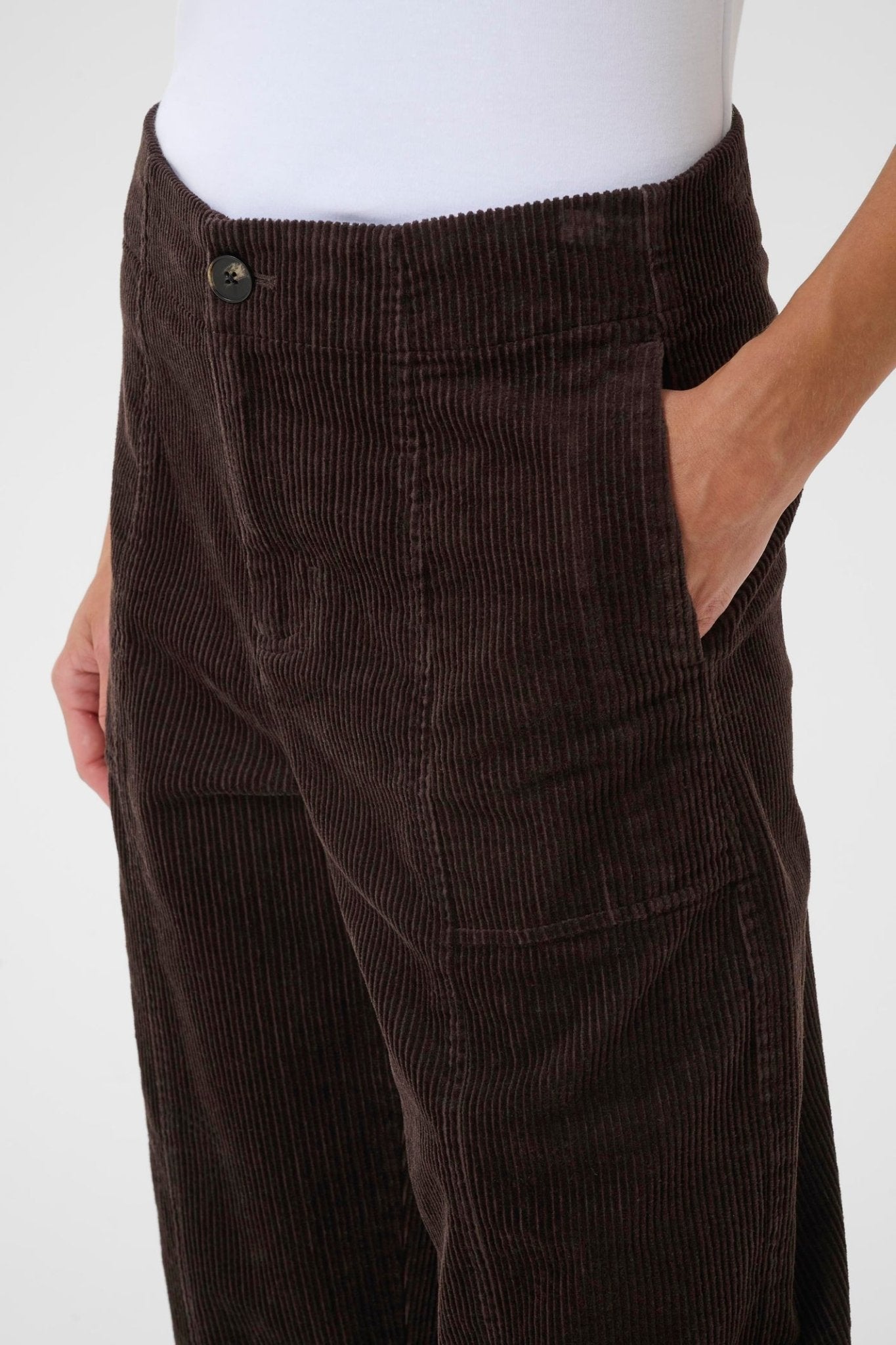 Part Two NettaPW PA Trousers in Ganache – brown corduroy straight leg trousers with front seam detail available at Dotique
